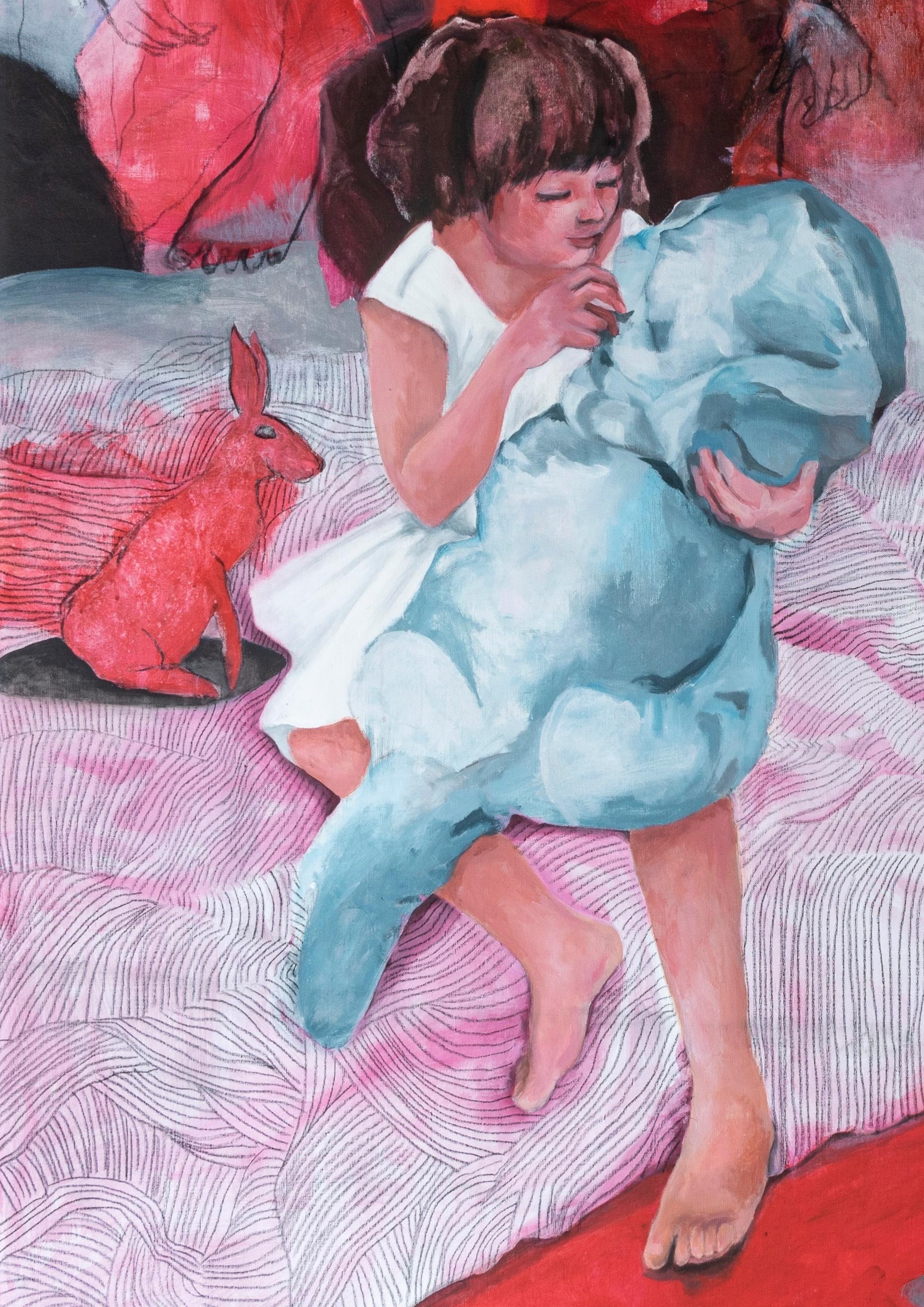 Sans titre Zahra Zeinali Peinture contemporaine Art iranien femme poupée rouge rose en vente 1