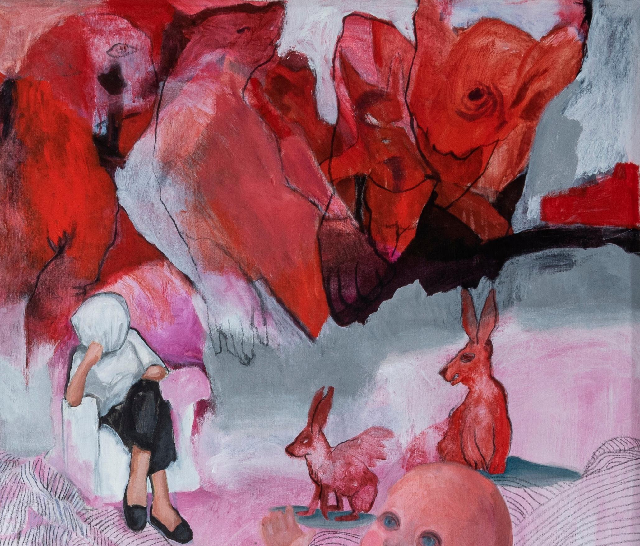 Sans titre Zahra Zeinali Peinture contemporaine Art iranien femme poupée rouge rose en vente 2