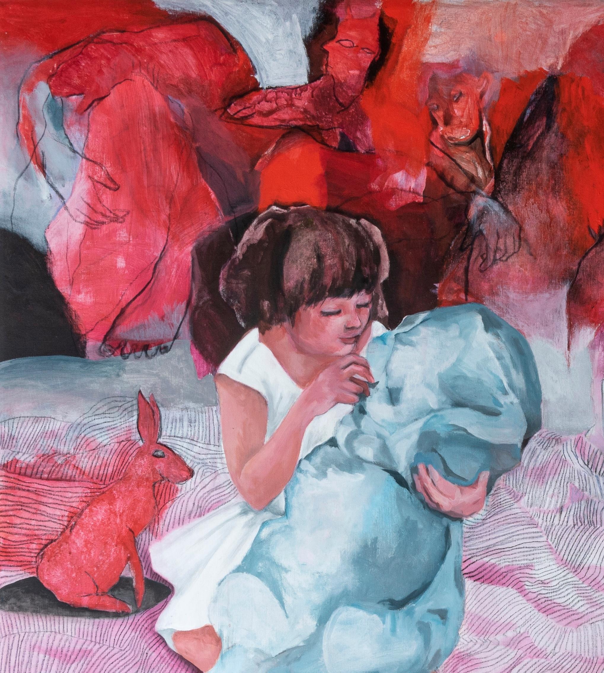 Sans titre Zahra Zeinali Peinture contemporaine Art iranien femme poupée rouge rose en vente 3