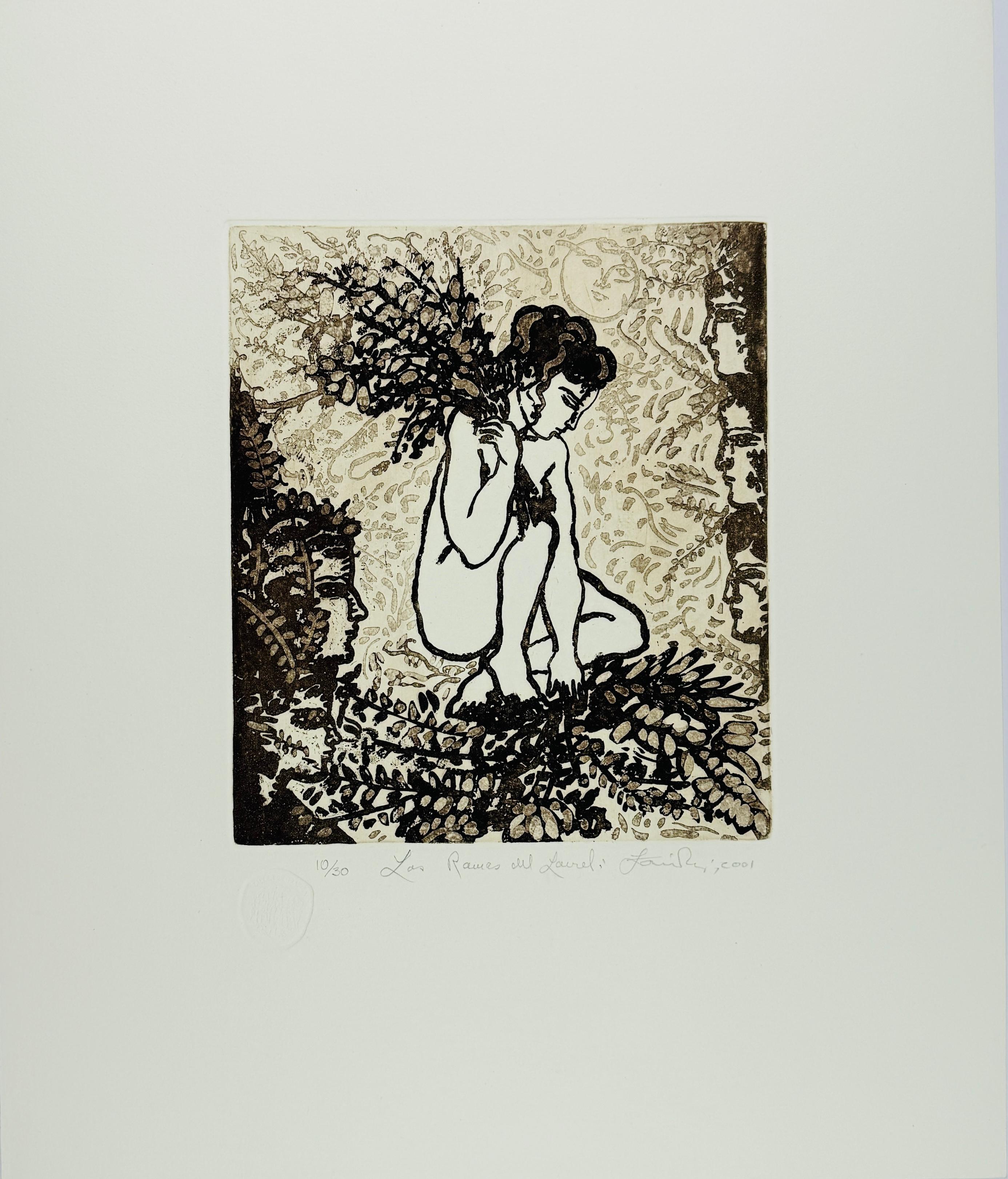 Figurative Print de Zaida del Río - "Ramas de Laurel" 2001 Grabado Original Firmado Aguatinta 22x18in Arte Cubano