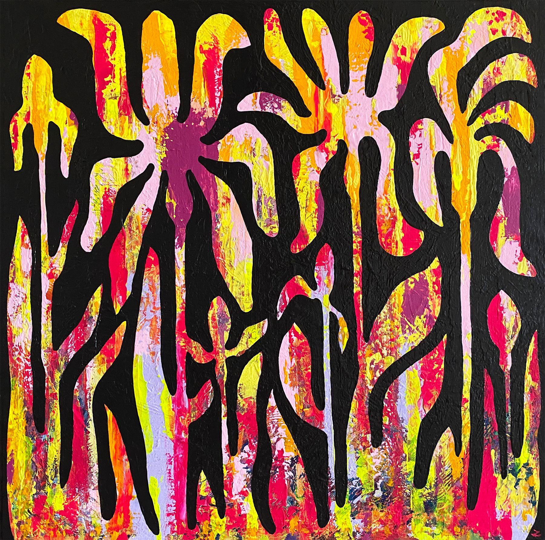 Zaira Dzhaubaeva Abstract Painting - Flaming Tropical Flowers, Painting, Acrylic on Canvas