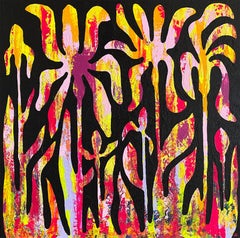 Fleurs tropicales enflammées, peinture à l'acrylique sur toile