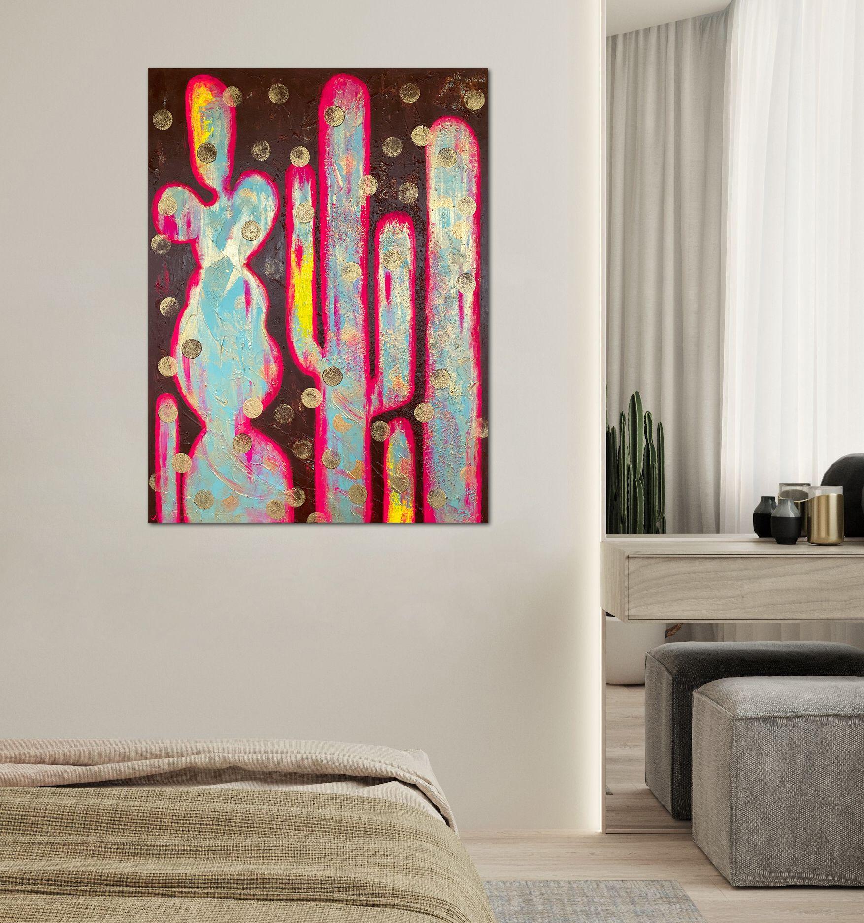 Colorful cactuses. Rich texture. Bold brushstrokes. Original acrylic painting on stretched canvas. Gallery profile. Size 40 x 30 x 1.5