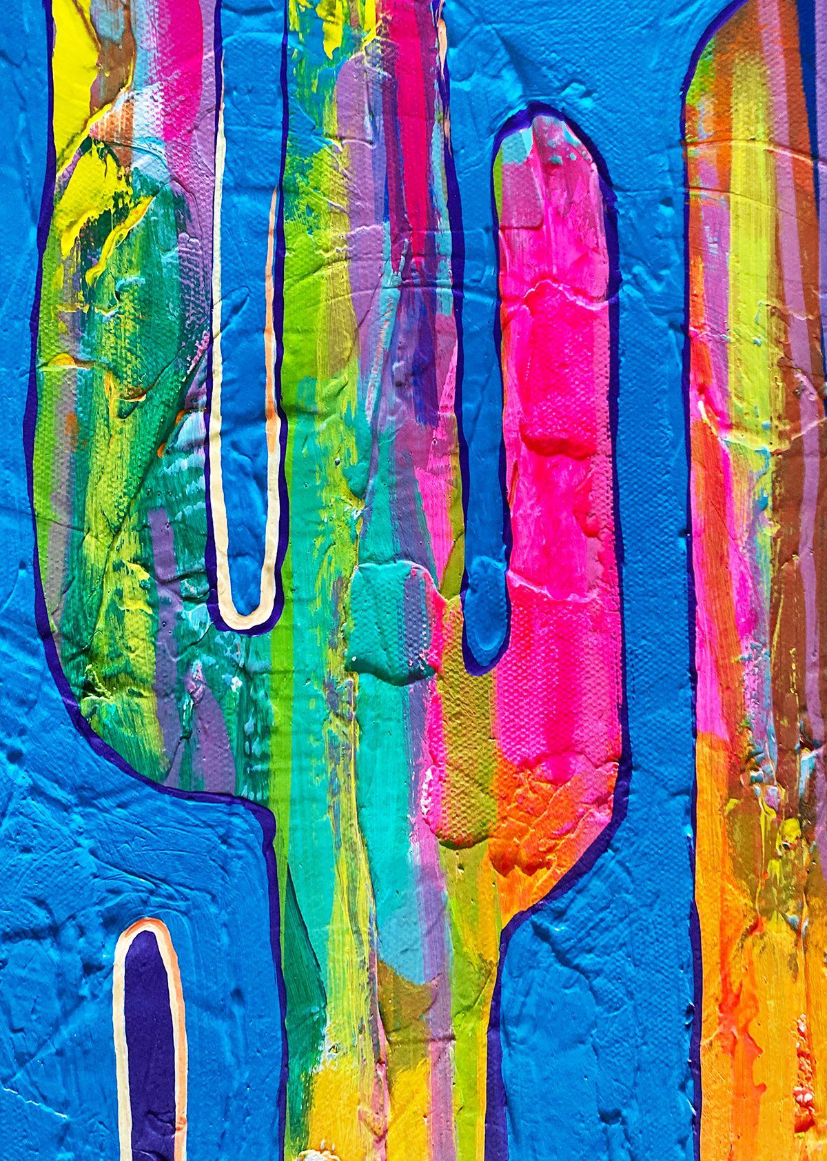 Colorful cactuses. Vibrant colors. Rich texture. Bold brushstrokes. Original acrylic painting on stretched canvas. Gallery profile. Size 40 x 30 x 1.5