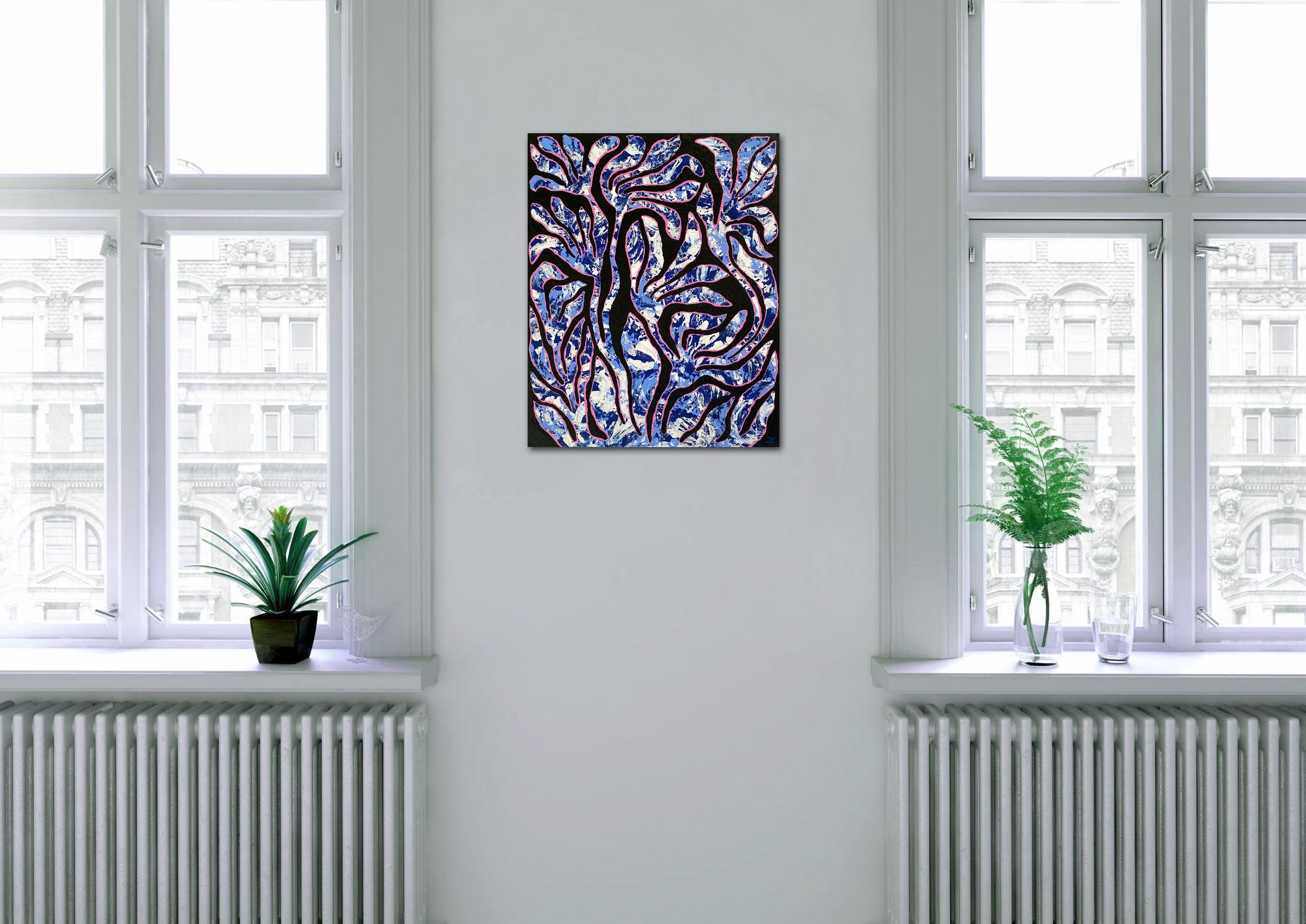 Abstrakte Blumen in Blau, Rosa, Weiß und Schwarz. Original-Acrylgemälde auf Keilrahmen. Galerie-Profil. Sehr reichhaltige Textur. Größe 16 x 20 x 1,5
