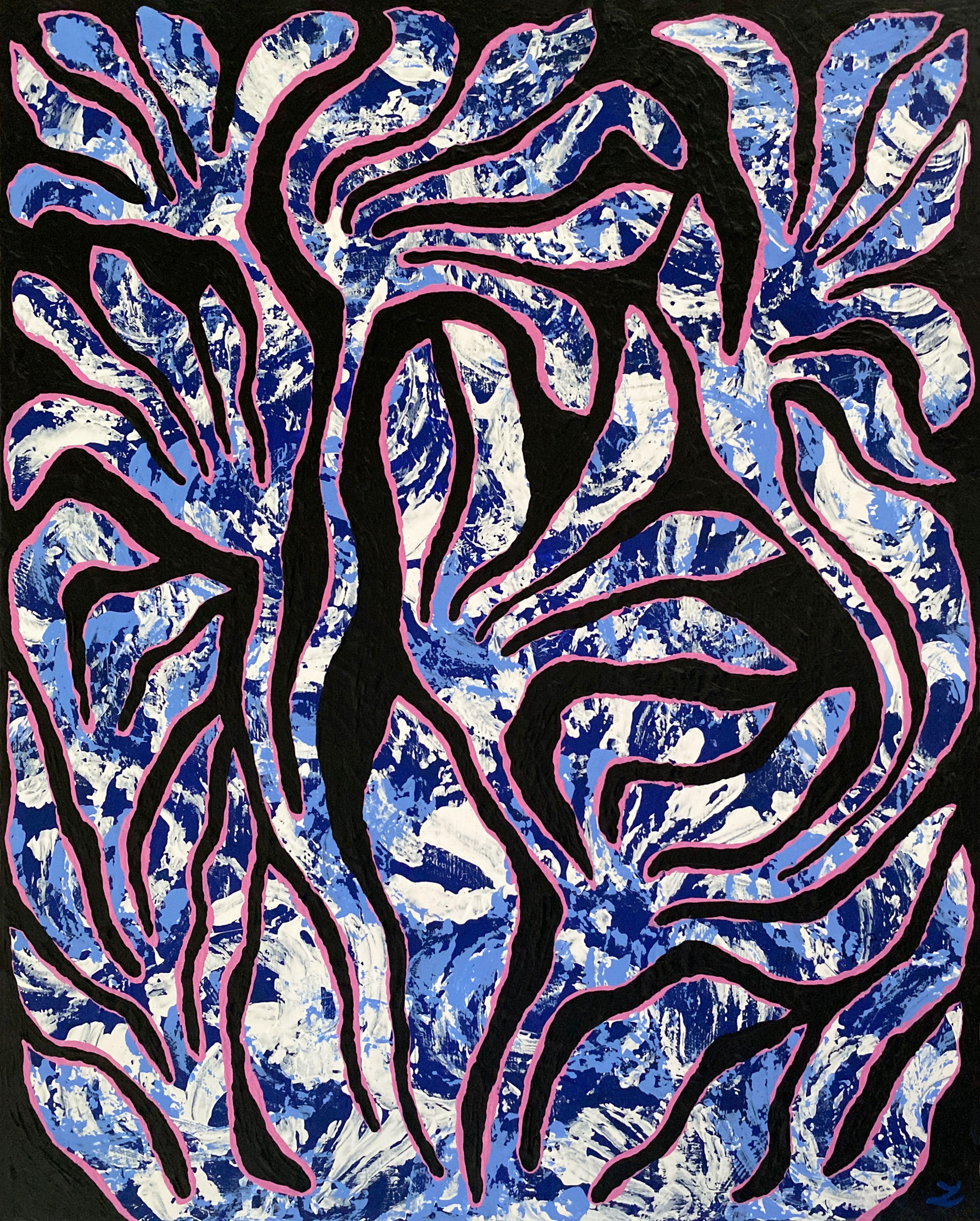 Abstract flowers made in blue, pink, white, and black. Original acrylic painting on stretched canvas. Gallery profile. Very rich texture. Size 16 x 20 x 1.5". Professional natural cotton duck. Certificate of authenticity is included. Frameless
