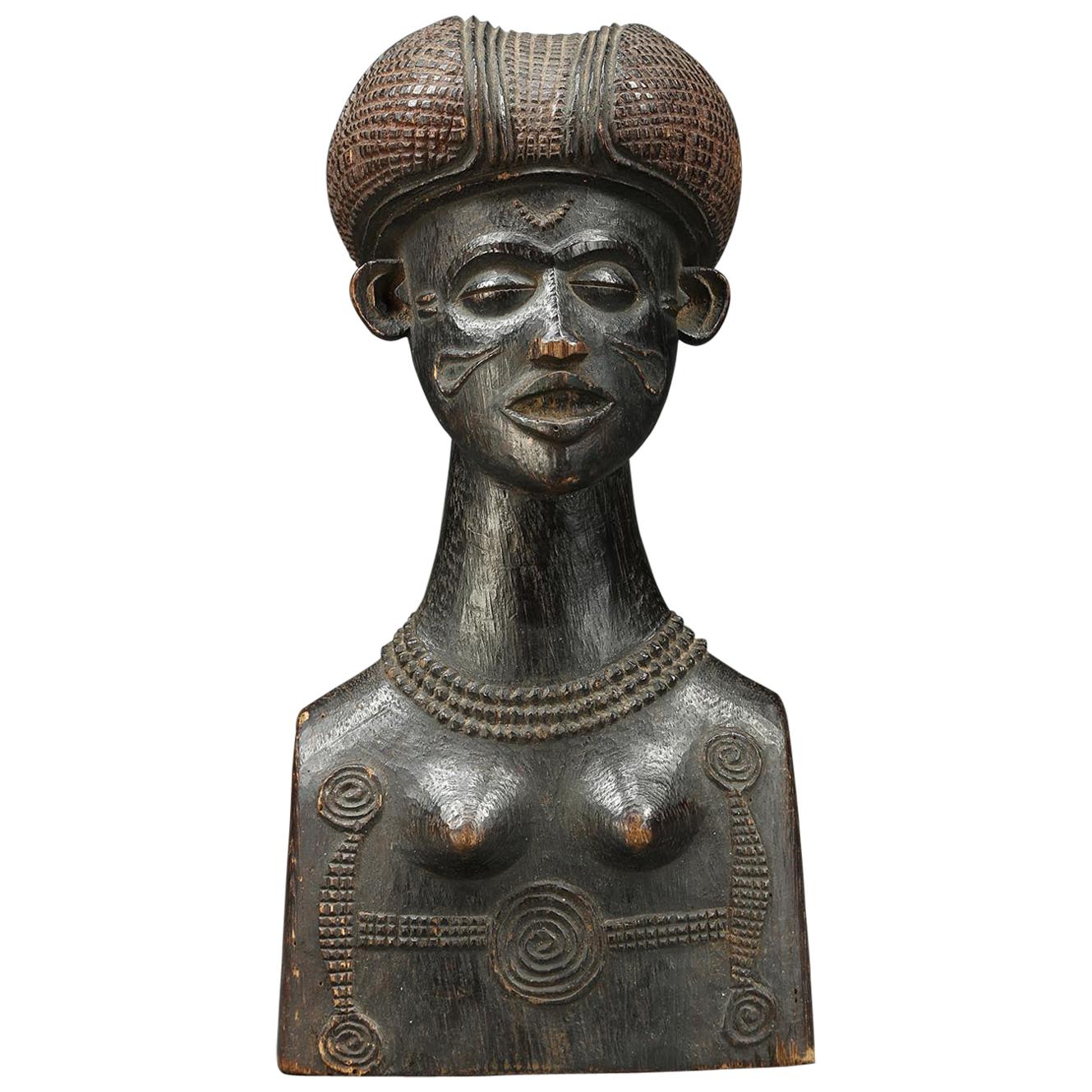 Zaire Chokwe Tribal Female Bust with Scarifications and Finely Carved Hair