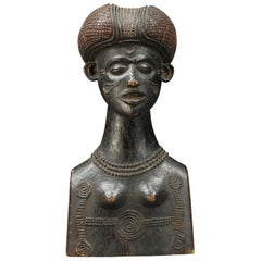 Antique Zaire Chokwe Tribal Female Bust with Scarifications and Finely Carved Hair