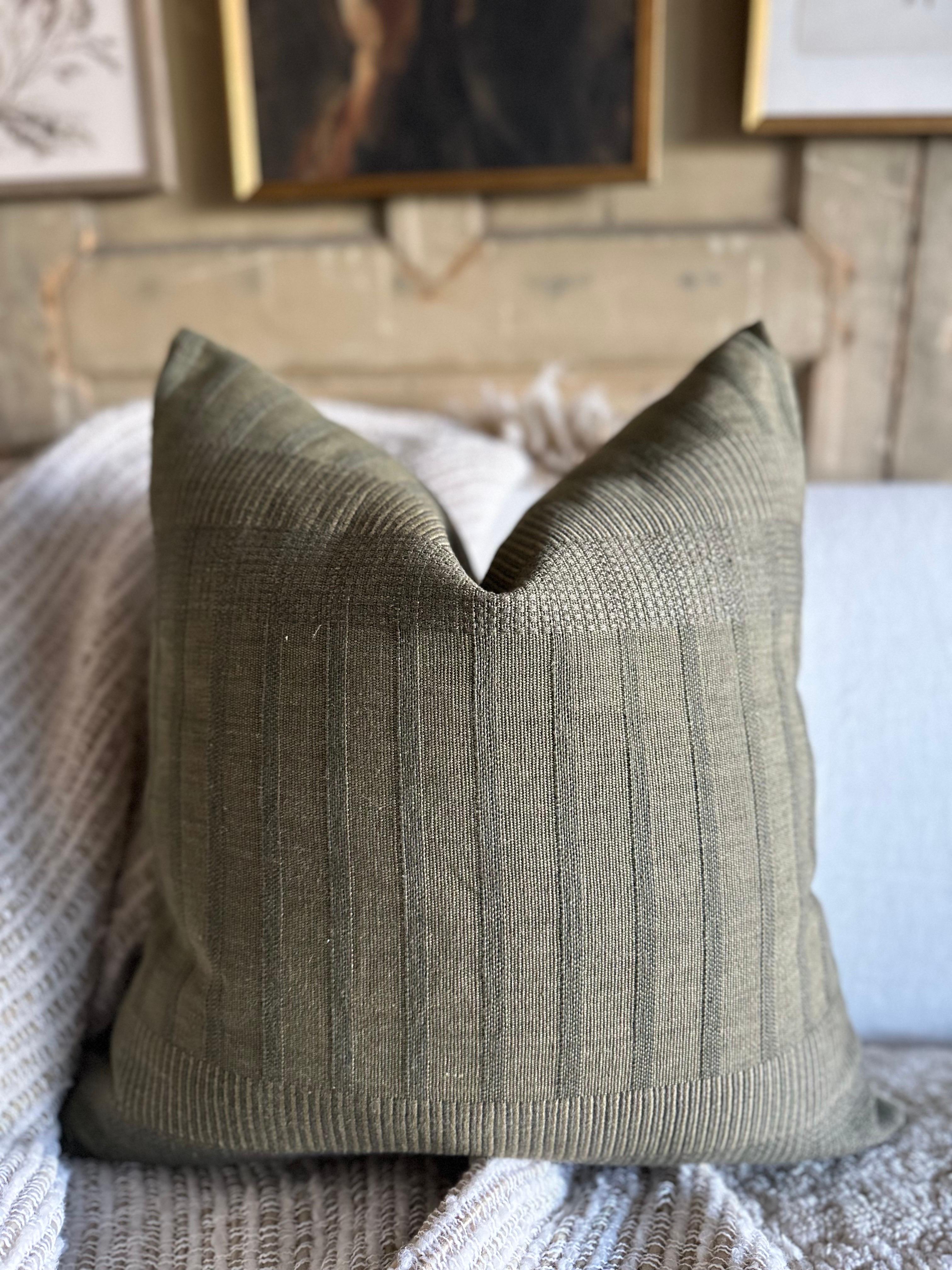 ZAK + FOX Linen Pillow with Down Insert In Olive Green In New Condition For Sale In Brea, CA
