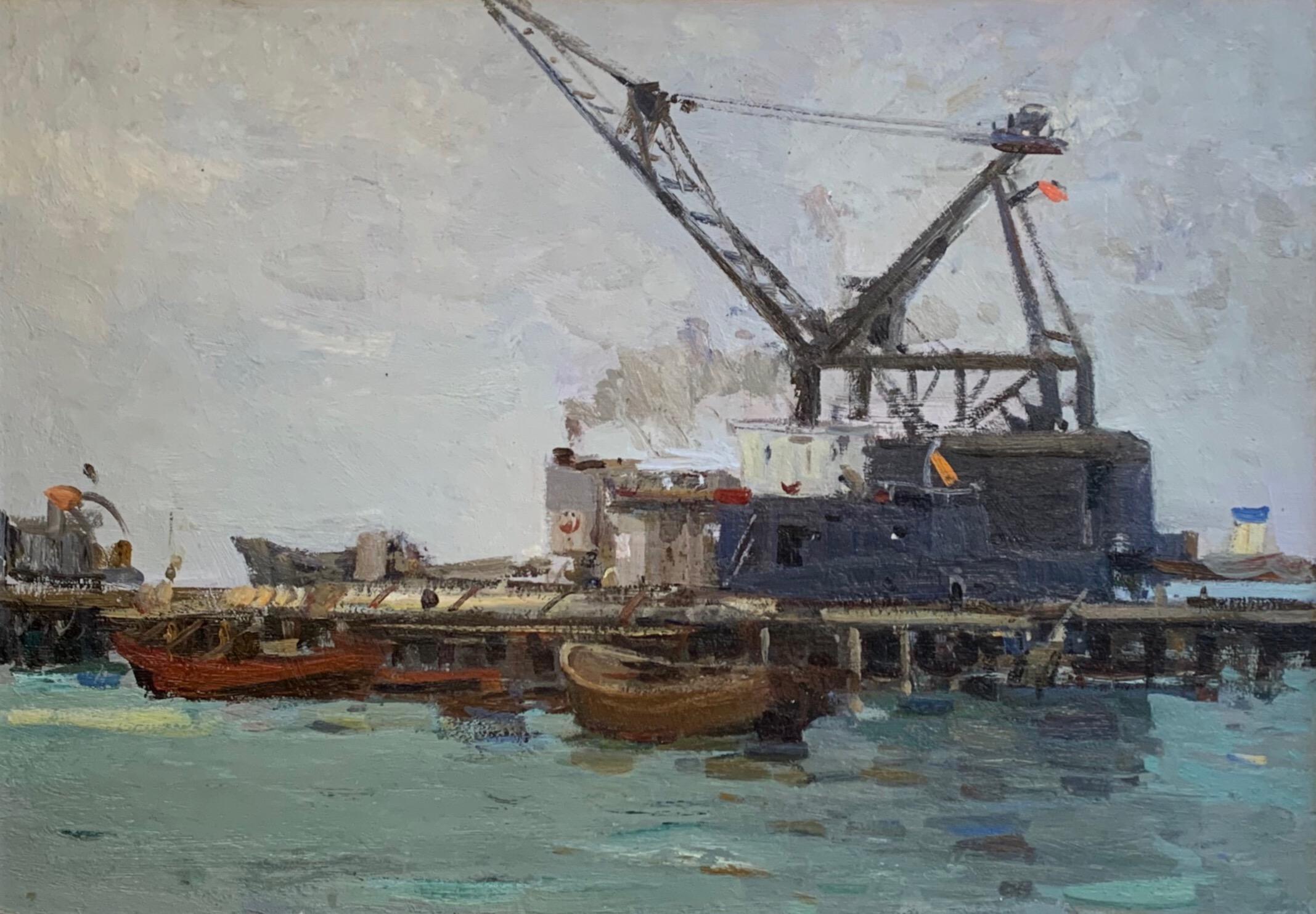 Nautical Sea Landscape Vintage Painting Oil Framed Ships Art by Zakharov F. - Gray Landscape Painting by Zakharov Fyodor