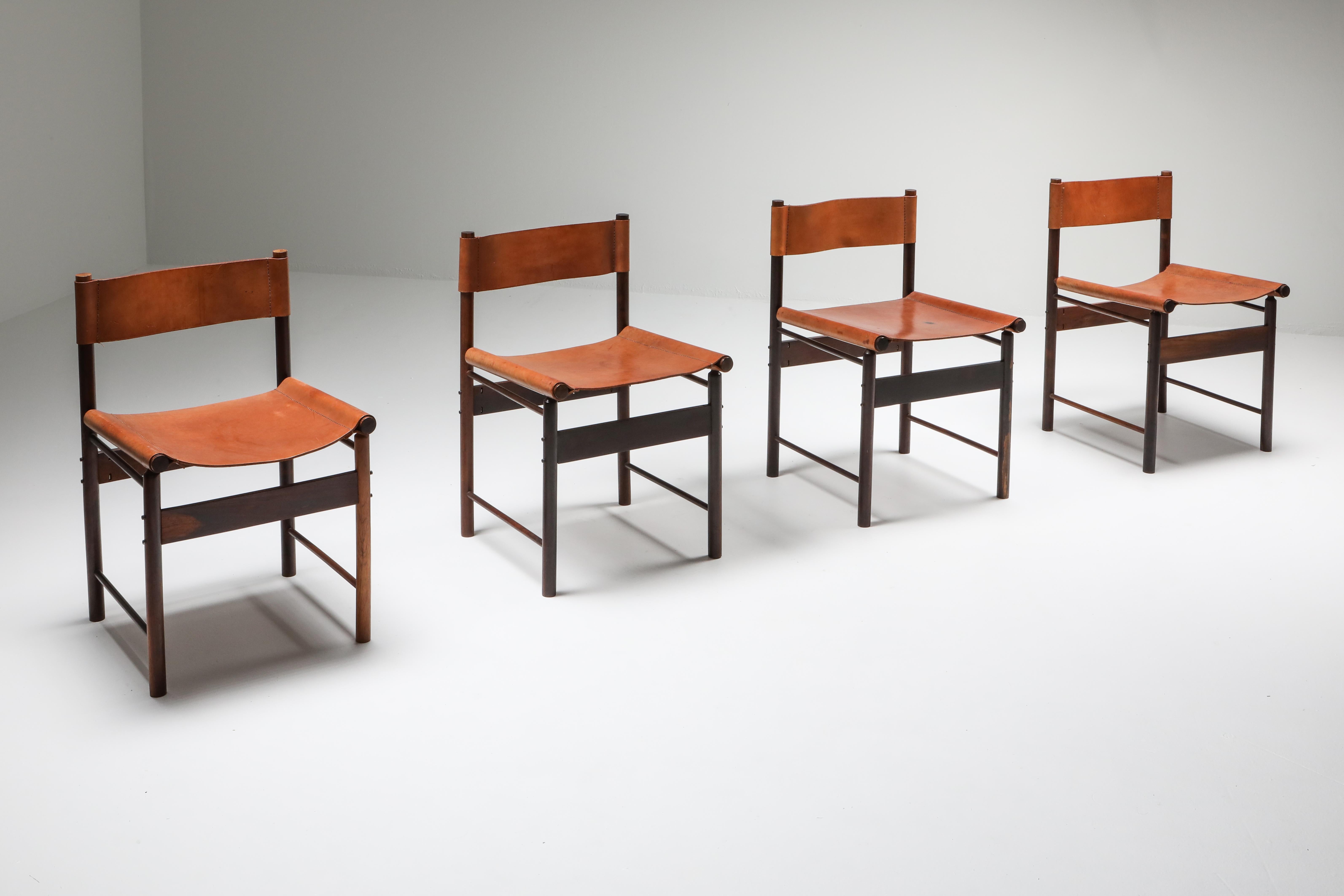 Brazilian modern, Jorge Zalszupin (°Warsaw, 1922), rosewood and leather chairs, L'atelier Brazil, circa 1955.

Brazilian wood / jacaranda and leather.

These are also featured in the book about Jorge Zalszupin and Modern design in Brazil.
Very