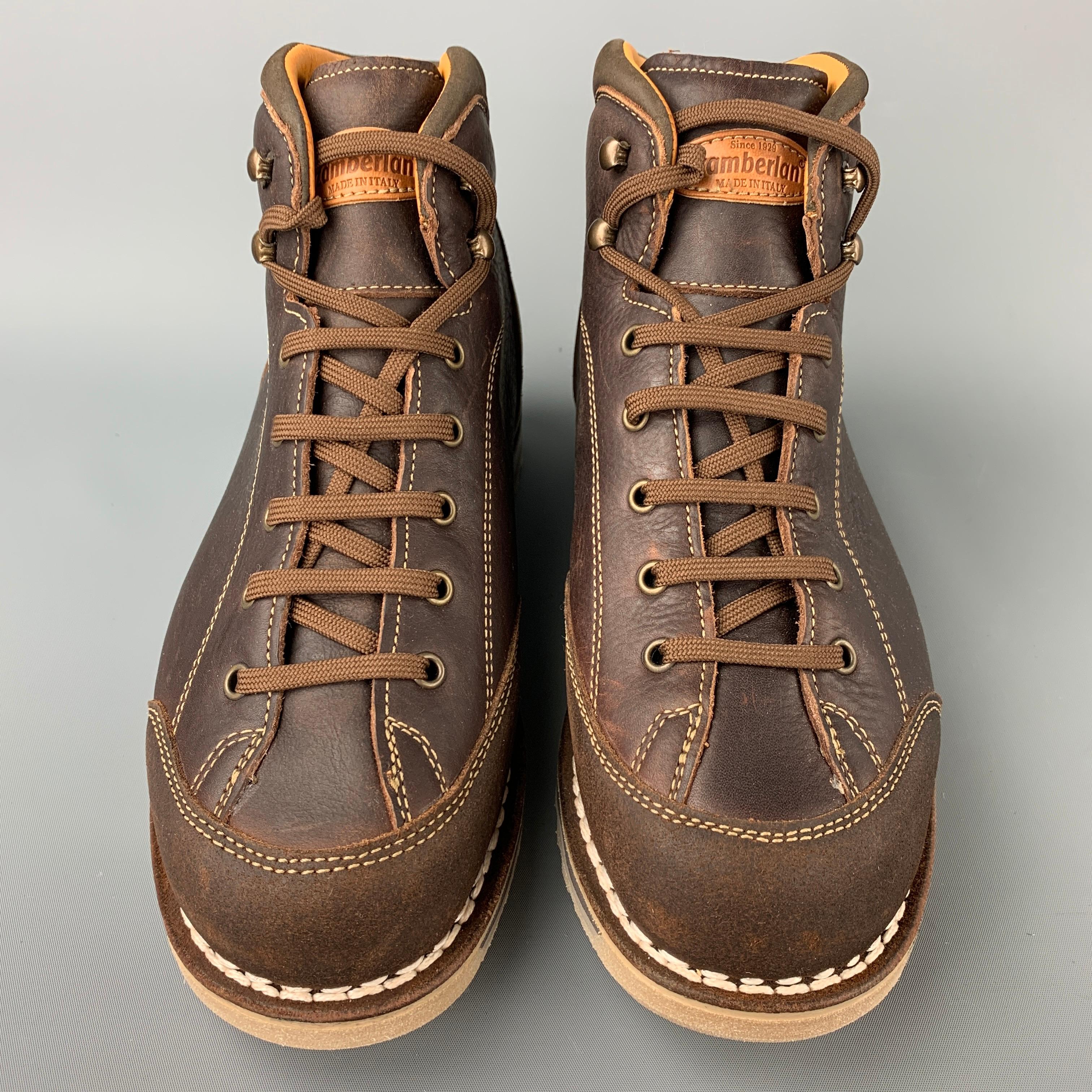 ZAMBERLAN Size 9 Brown Contrast Stitch Leather Lace Up Boots In New Condition In San Francisco, CA