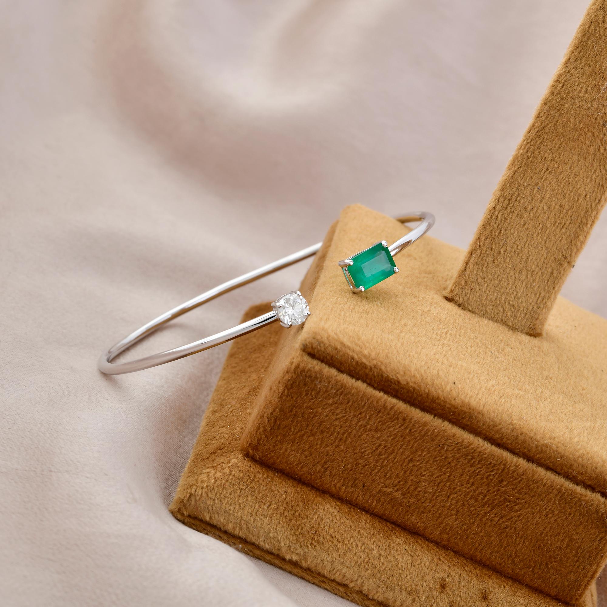 Emerald Cut Zambia Emerald Gemstone Cuff Bangle Bracelet Diamond 14 Karat White Gold Jewelry For Sale