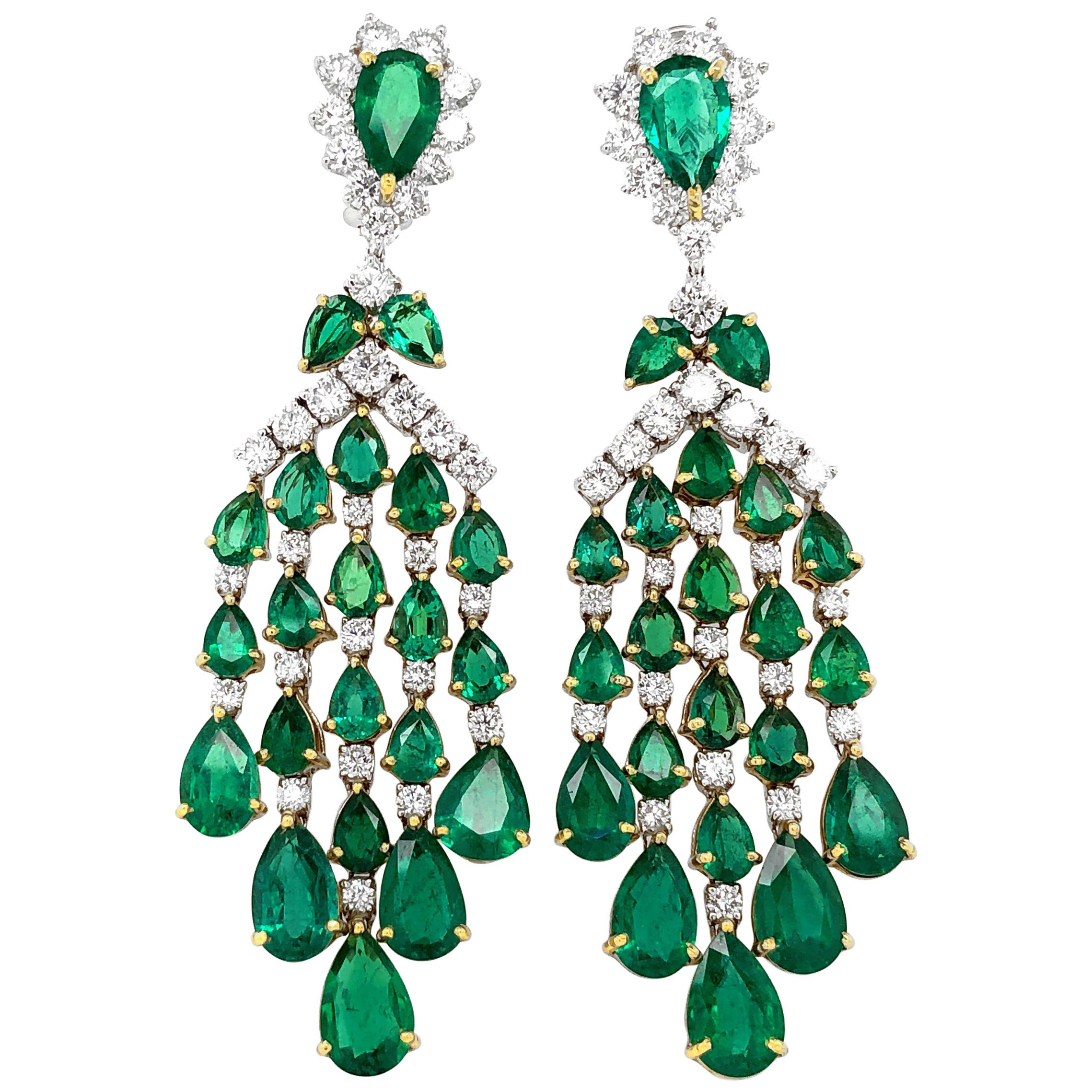 Zambian Pear Cut Emeralds 23.82 carat Diamonds Chandelier 18k Gold Earrings For Sale