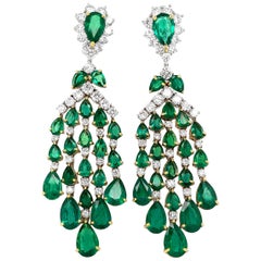 Zambian Pear Cut Emeralds 23.82 carat Diamonds Chandelier 18k Gold Earrings