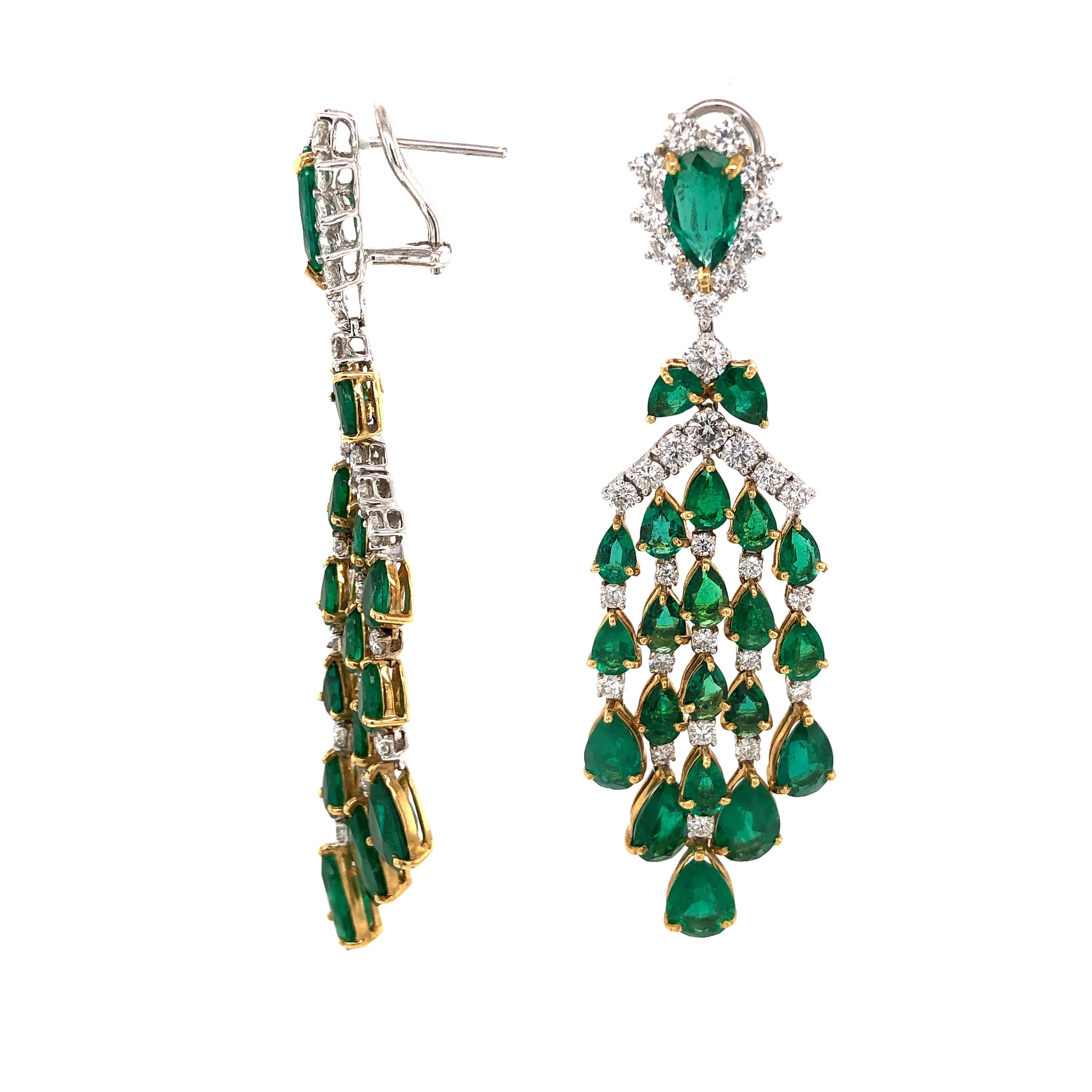 Contemporary Zambian Pear Cut Emeralds 23.82 carat Diamonds Chandelier 18k Gold Earrings For Sale
