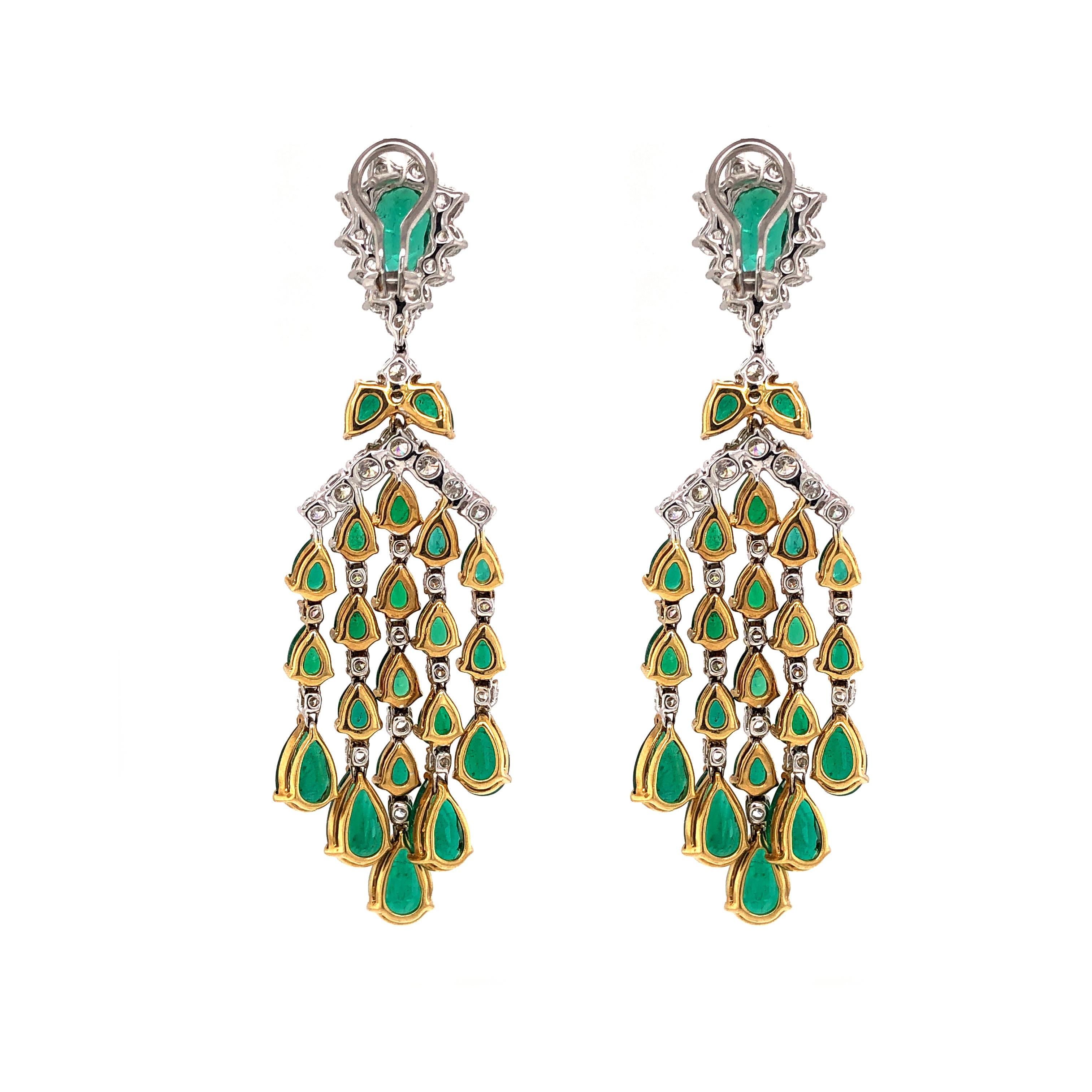 Zambian Pear Cut Emeralds 23.82 carat Diamonds Chandelier 18k Gold Earrings In New Condition For Sale In New York, NY