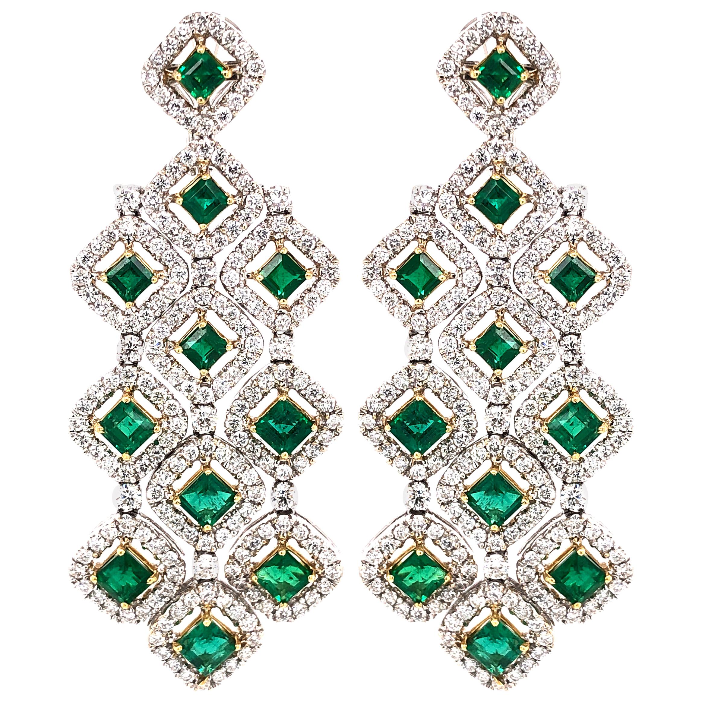 Zambian Square Cut Emeralds 7.11 Carat Chandelier 18k Gold Earrings For Sale