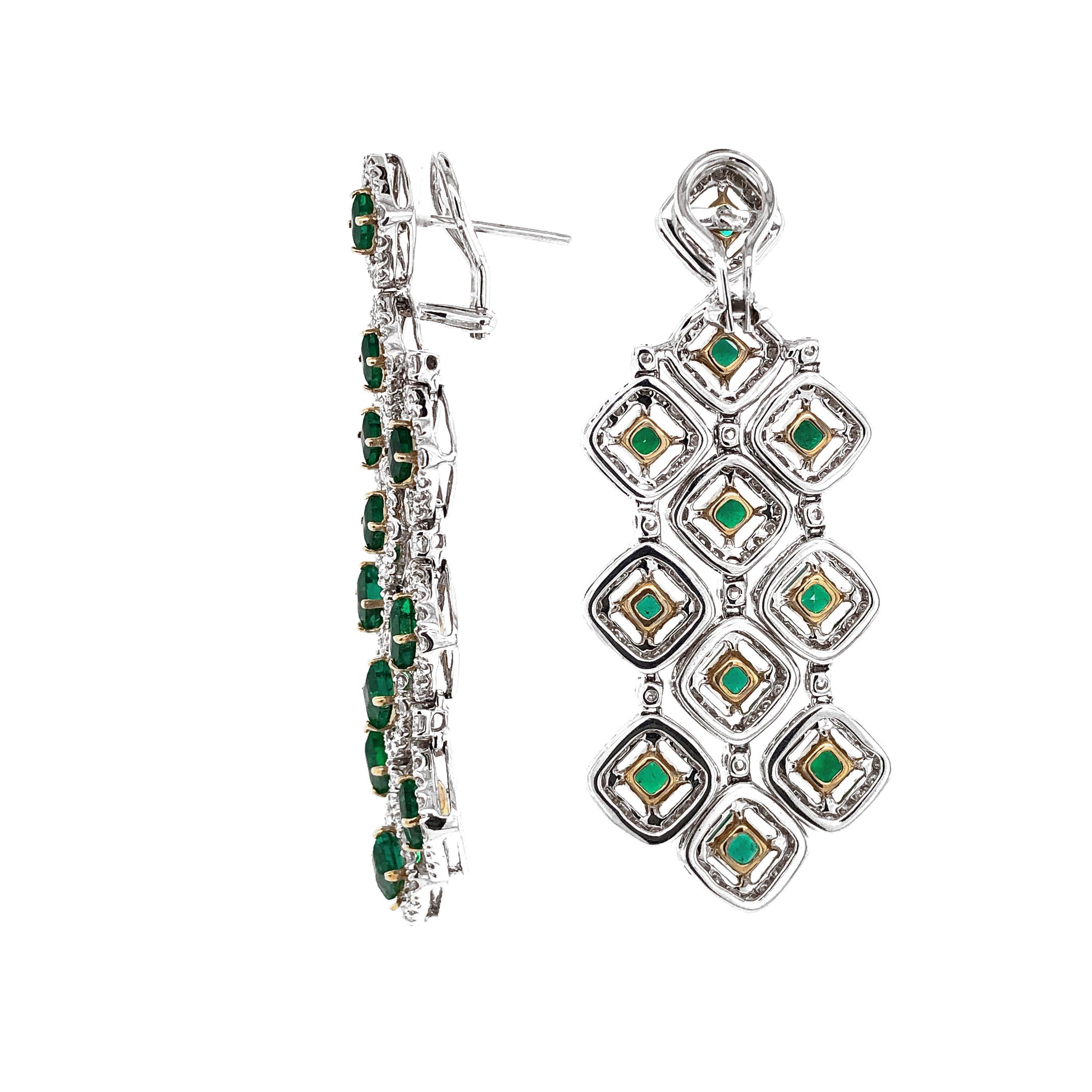 Contemporary Zambian Square Cut Emeralds 7.11 Carat Chandelier 18k Gold Earrings For Sale