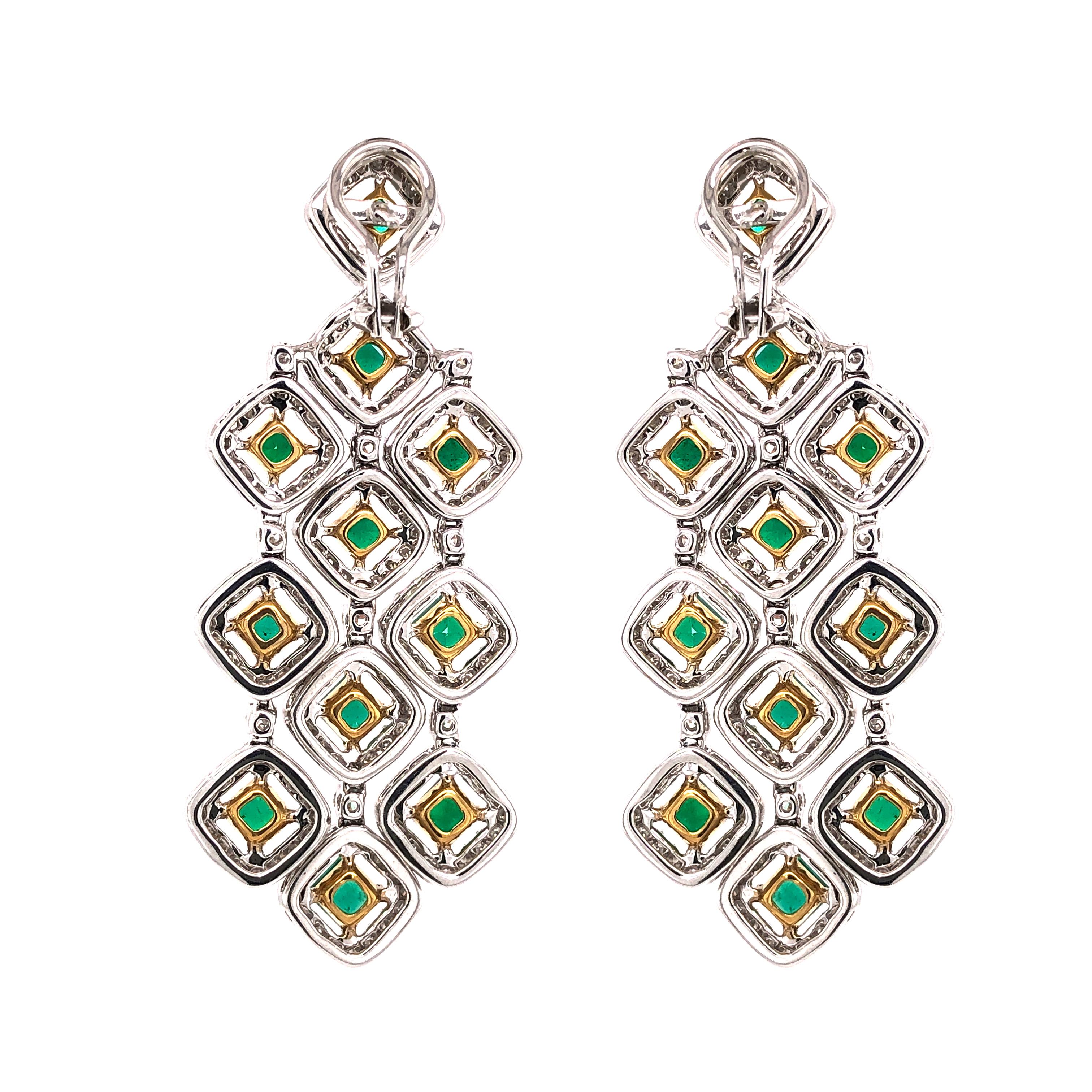 Princess Cut Zambian Square Cut Emeralds 7.11 Carat Chandelier 18k Gold Earrings For Sale