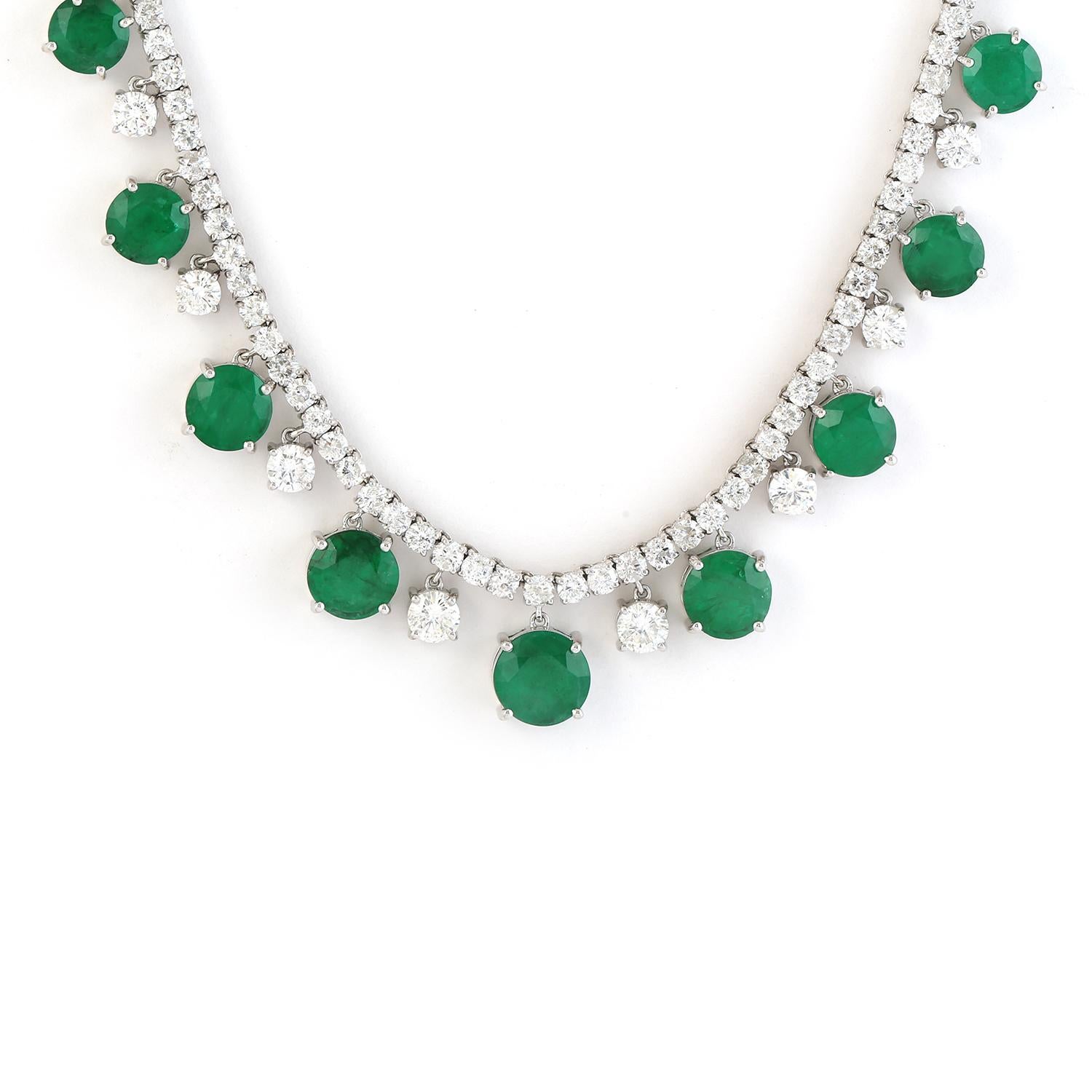 Taglio misto Zambian-20.68 ct Emerald & Diamond Choker Necklace Made In 18k White Gold in vendita