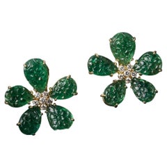 Veschetti Carved Zambian Emerald and Diamond Earrings