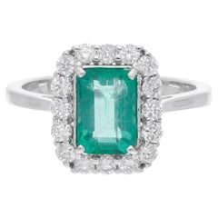 Zambian Emerald 1.5ct & Natural Diamond Halo Cocktail Ring 18K White Gold