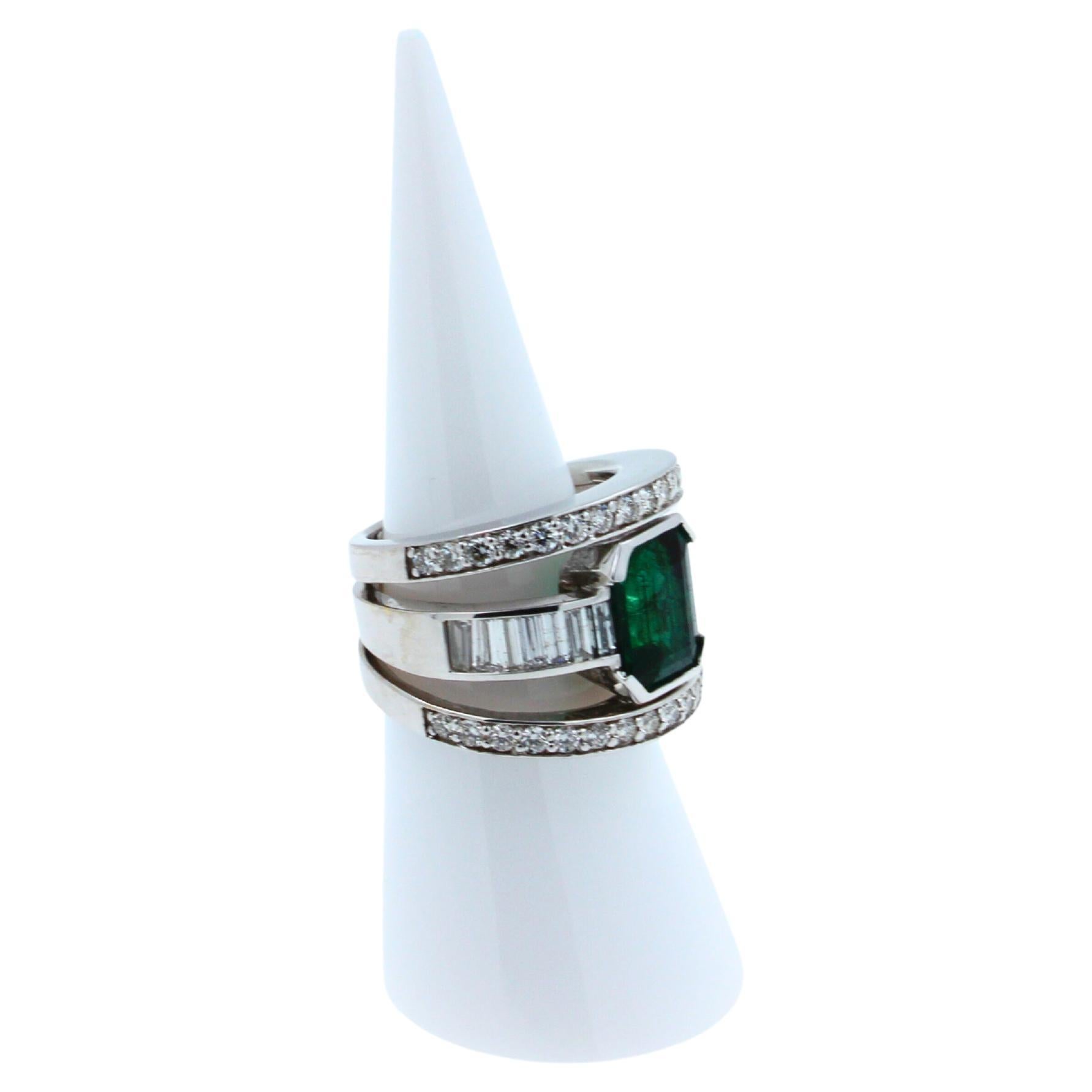 Zambian Emerald 18 Karat White Gold Full Finger Bezel Diamond Baguette Rows Ring For Sale 4