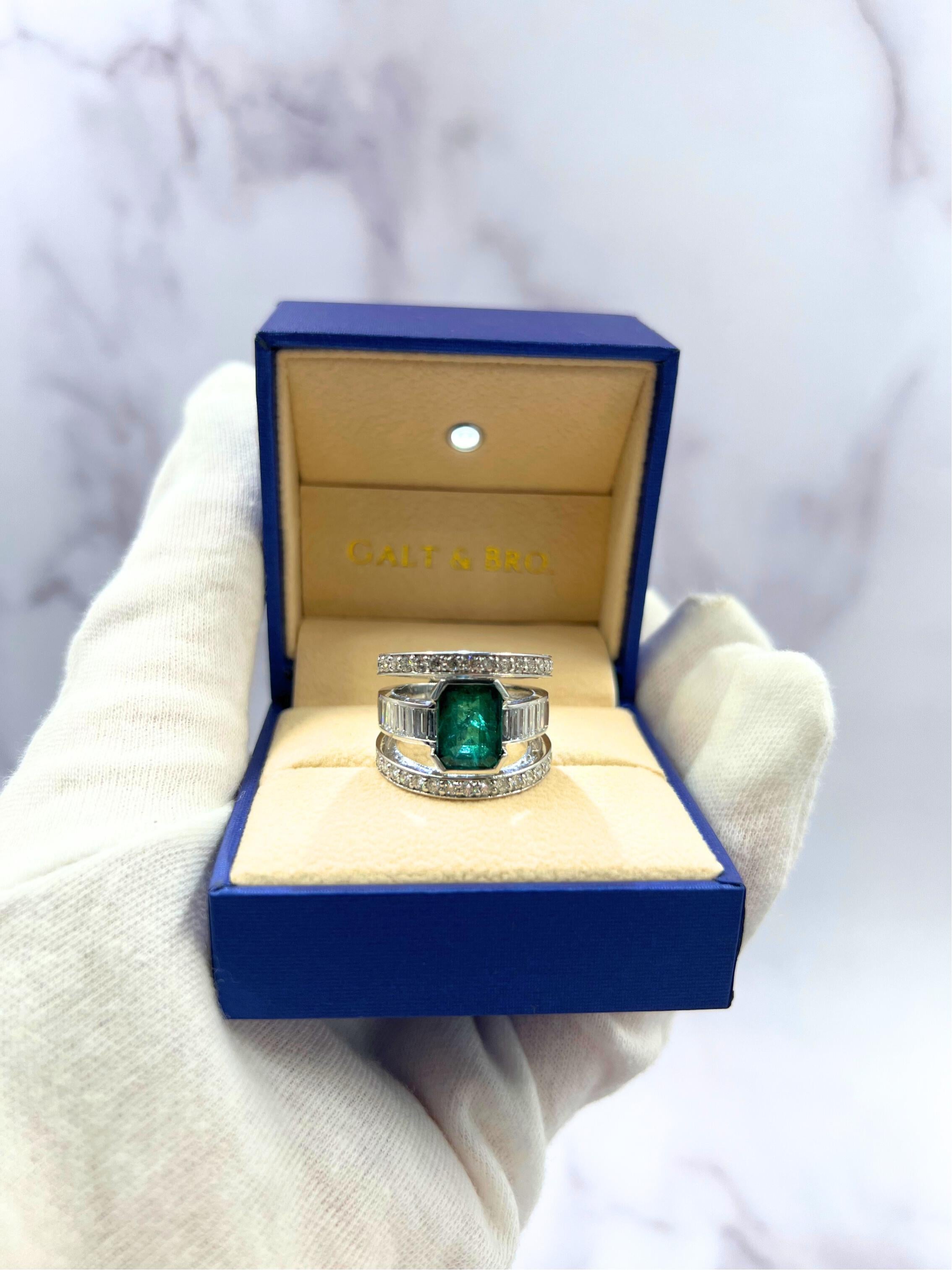 Zambian Emerald 18 Karat White Gold Full Finger Bezel Diamond Baguette Rows Ring For Sale 5