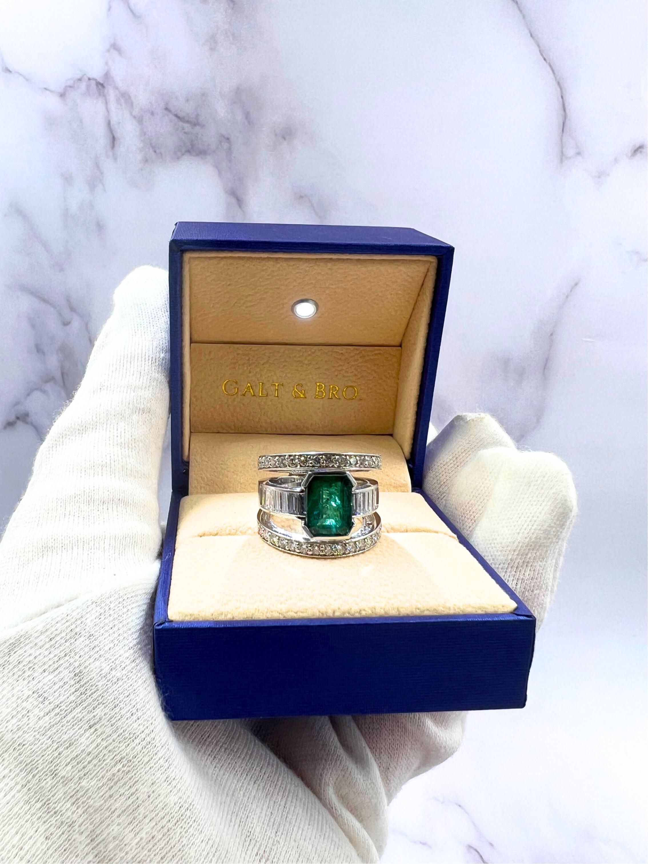 Zambian Emerald 18 Karat White Gold Full Finger Bezel Diamond Baguette Rows Ring For Sale 6