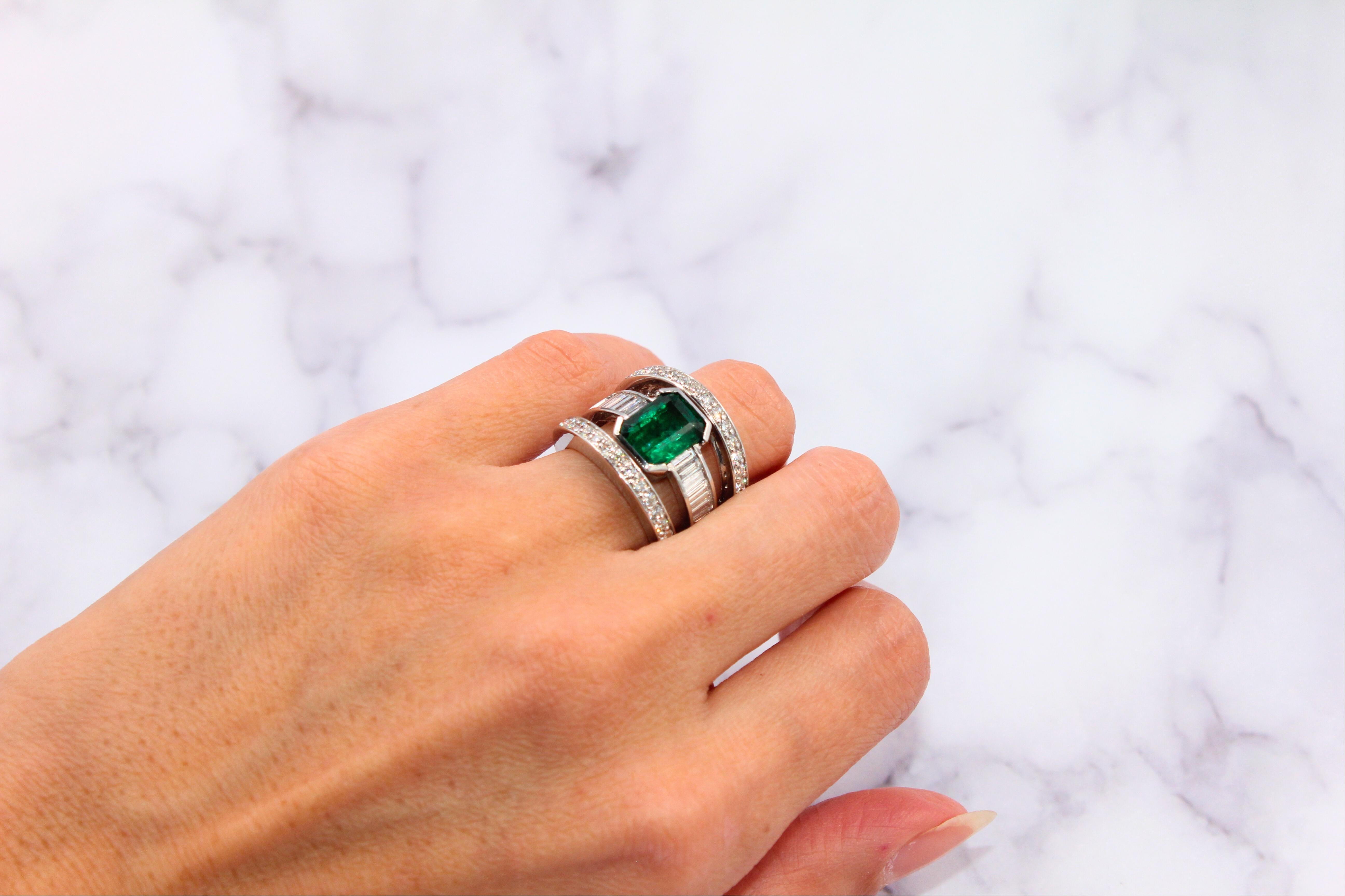 Zambian Emerald 18 Karat White Gold Full Finger Bezel Diamond Baguette Rows Ring For Sale 9