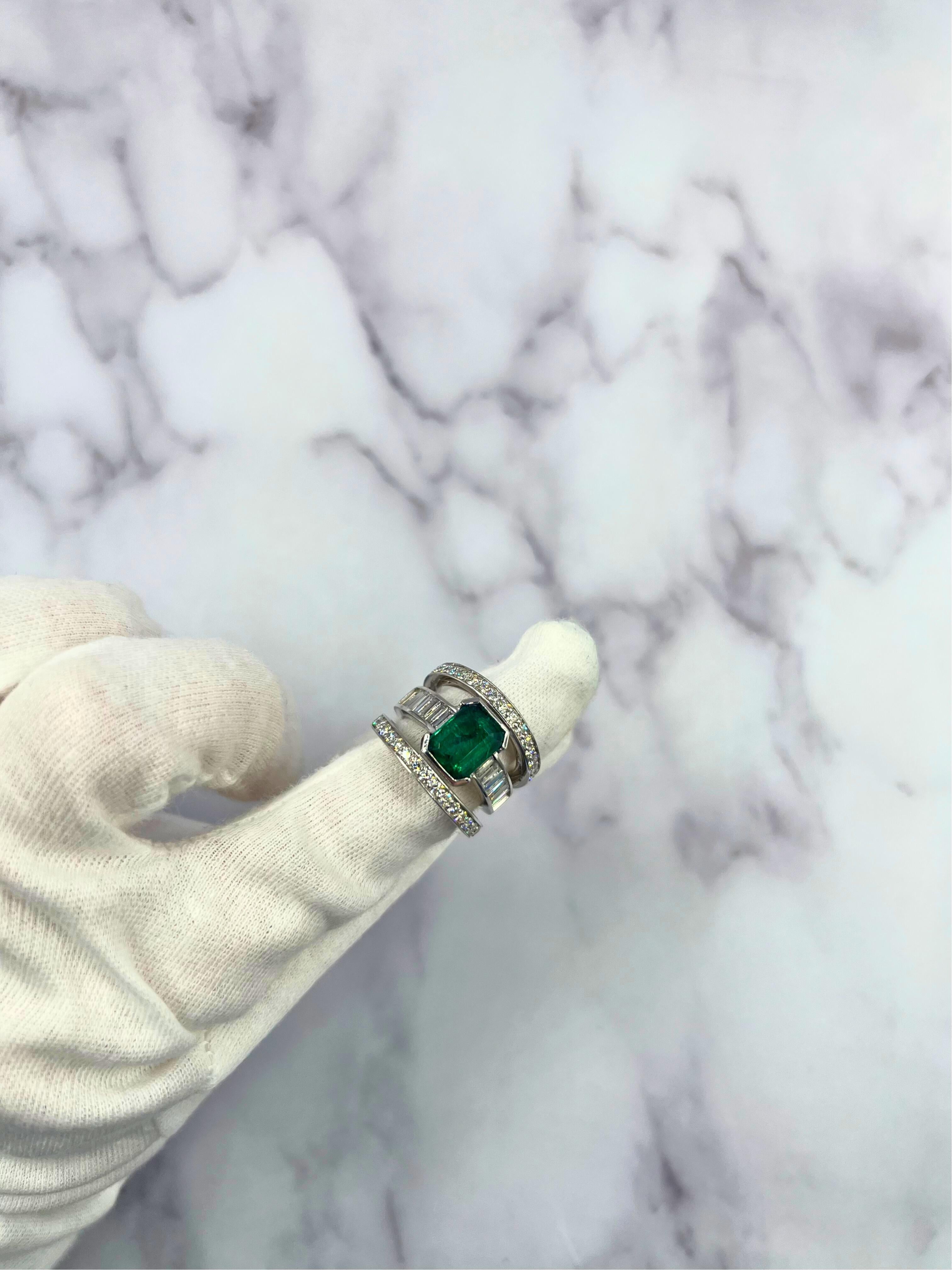 Zambian Emerald 18 Karat White Gold Full Finger Bezel Diamond Baguette Rows Ring For Sale 11