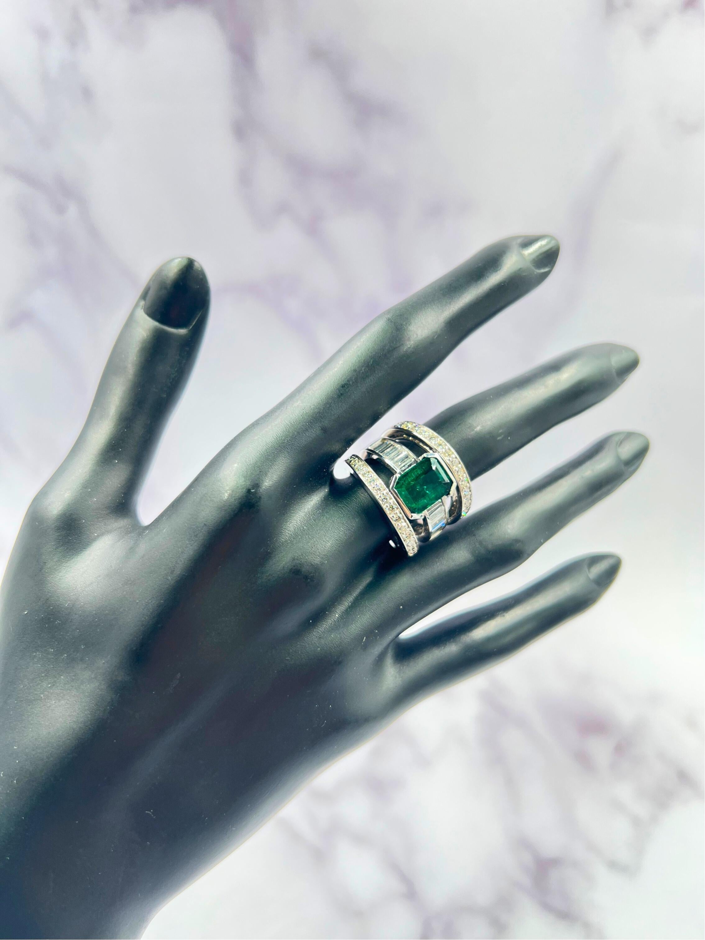 Zambian Emerald 18 Karat White Gold Full Finger Bezel Diamond Baguette Rows Ring For Sale 13