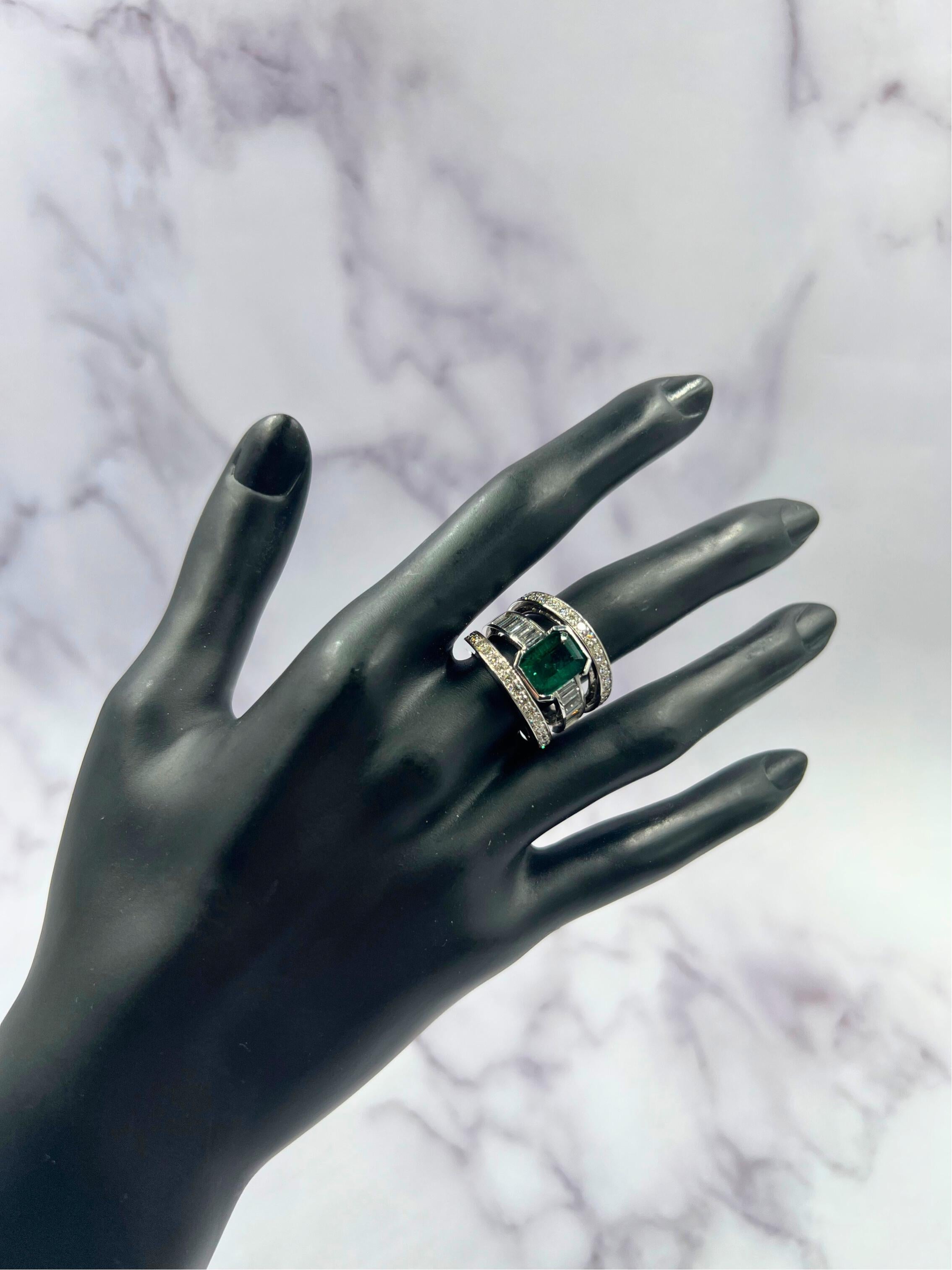Zambian Emerald 18 Karat White Gold Full Finger Bezel Diamond Baguette Rows Ring For Sale 14