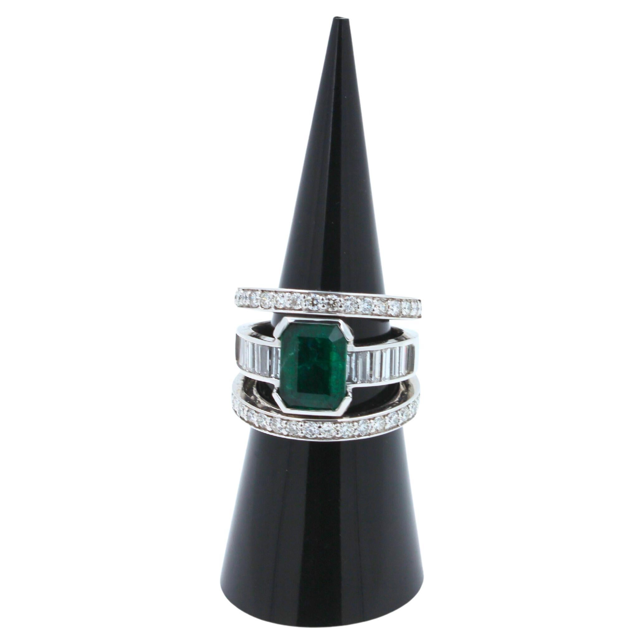 Zambian Emerald 18 Karat White Gold Full Finger Bezel Diamond Baguette Rows Ring For Sale 1