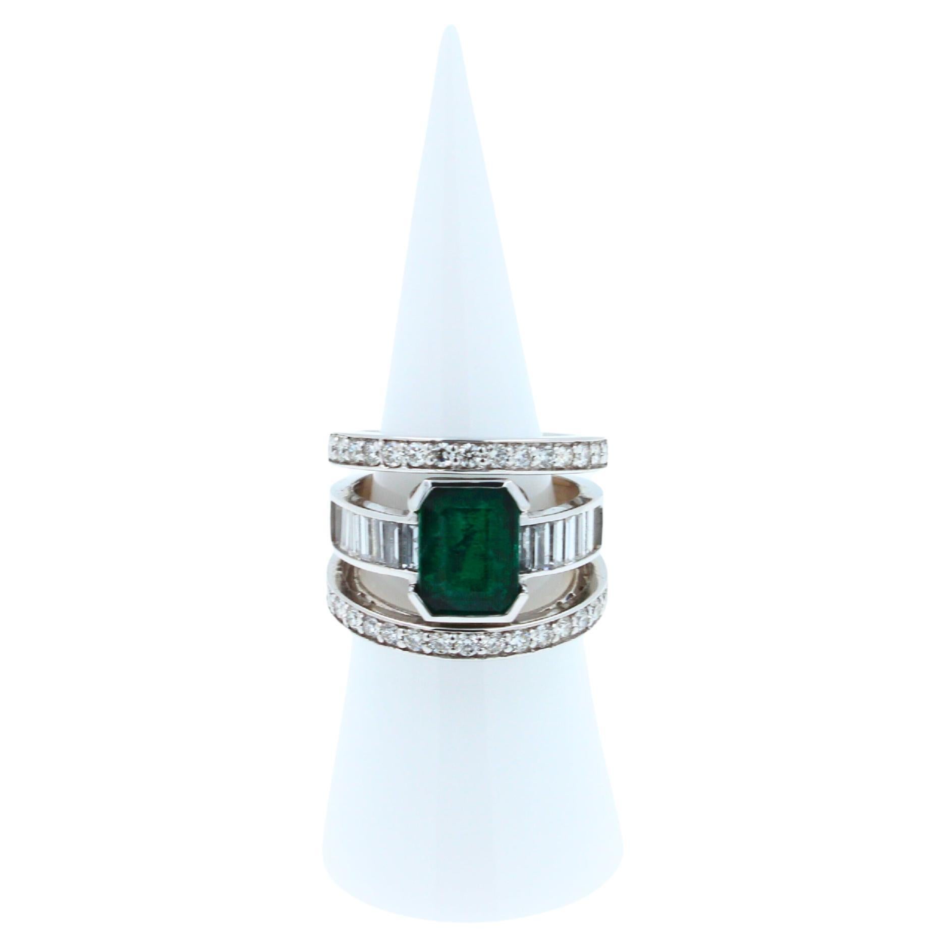 Zambian Emerald 18 Karat White Gold Full Finger Bezel Diamond Baguette Rows Ring For Sale 2