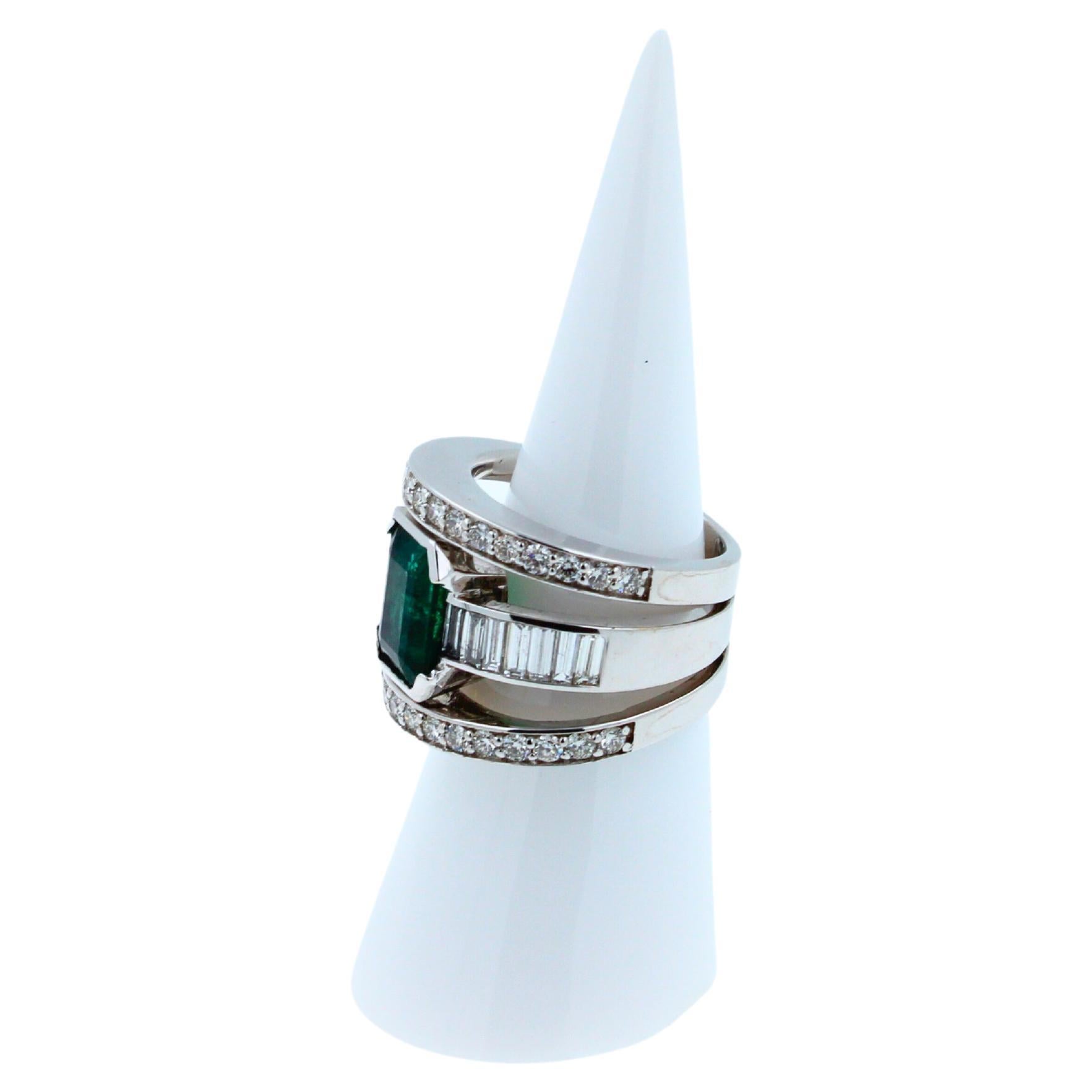 Zambian Emerald 18 Karat White Gold Full Finger Bezel Diamond Baguette Rows Ring For Sale 3