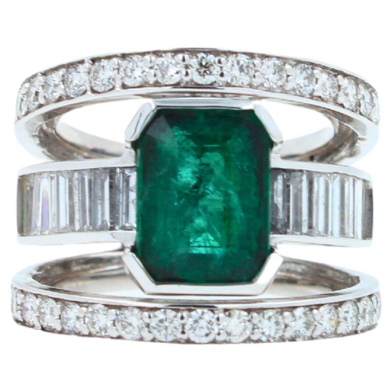 Zambian Emerald 18 Karat White Gold Full Finger Bezel Diamond Baguette Rows Ring For Sale