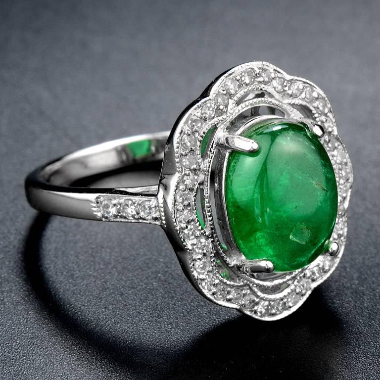 Art Deco Zambian Emerald 2.75 Carat White Gold Diamond Cocktail Cluster Ring