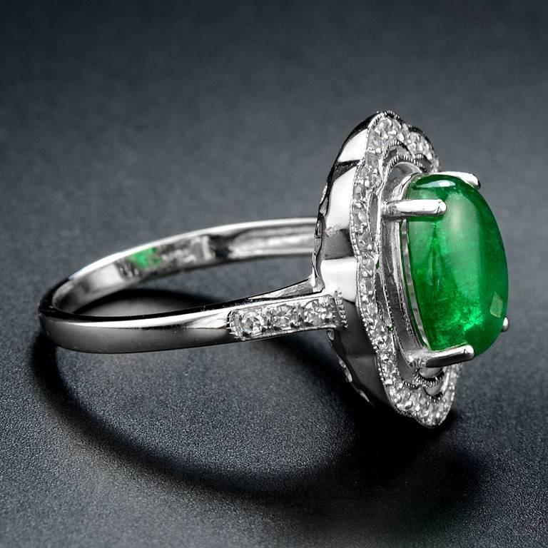 Oval Cut Zambian Emerald 2.75 Carat White Gold Diamond Cocktail Cluster Ring