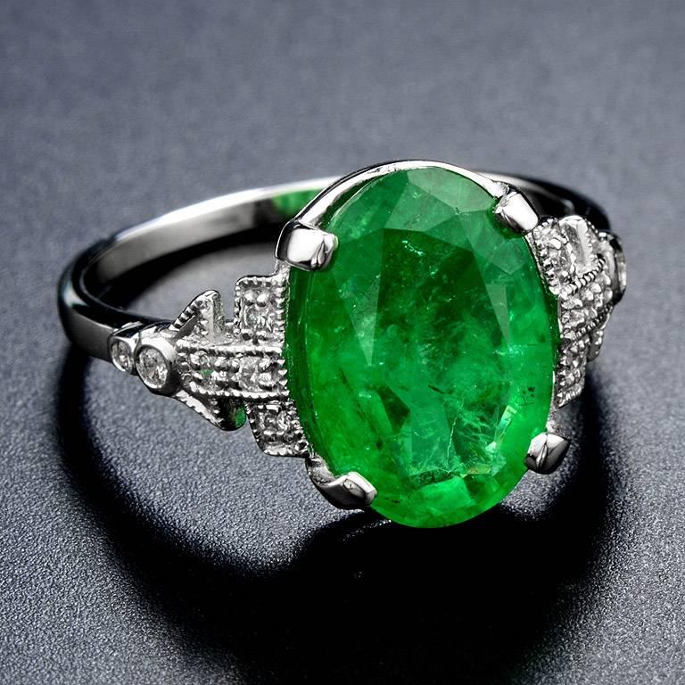 Art Deco Zambian Emerald 3.83 Carat with Diamond Cocktail Ring
