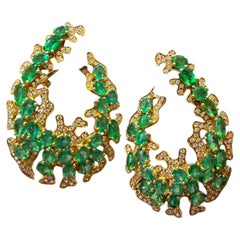 Emerald Diamond Statement Drop Hoop Earrings 18K Yellow Gold 9.60 carat
