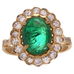 Zambian Cabochon Emerald and Diamond 18kt Gold Cluster Ring