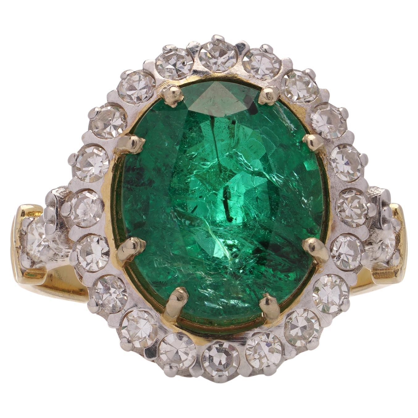 Zambian Emerald and Diamond 18kt Yellow Gold Cluster Ring