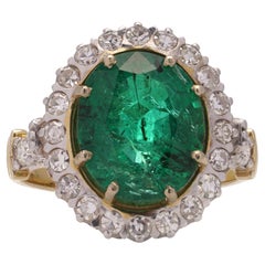 Vintage Zambian Emerald and Diamond 18kt Yellow Gold Cluster Ring