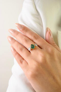 Zambian Emerald and Diamond Bezel Set Three-Stone Ring in 14k Yellow Gold 1 CTW