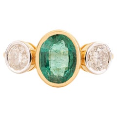 Zambian Emerald and Diamond Bezel Set Three-Stone Ring in 18k Yellow Gold 1 CTW