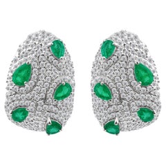 Zambian Emerald and Diamond Bombé Clip Earrings in 10K White Gold