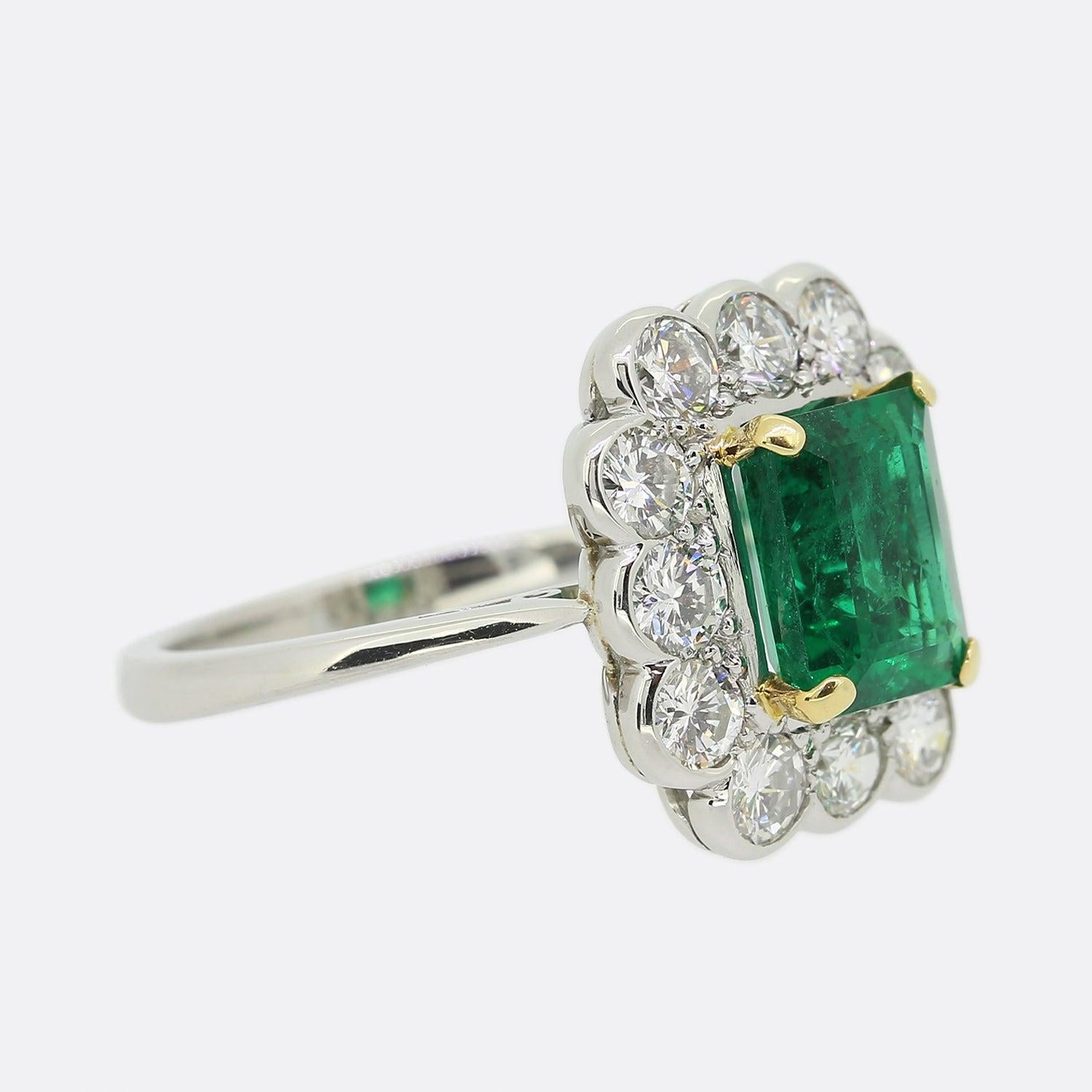 Emerald Cut Zambian Emerald and Diamond Cluster Ring For Sale