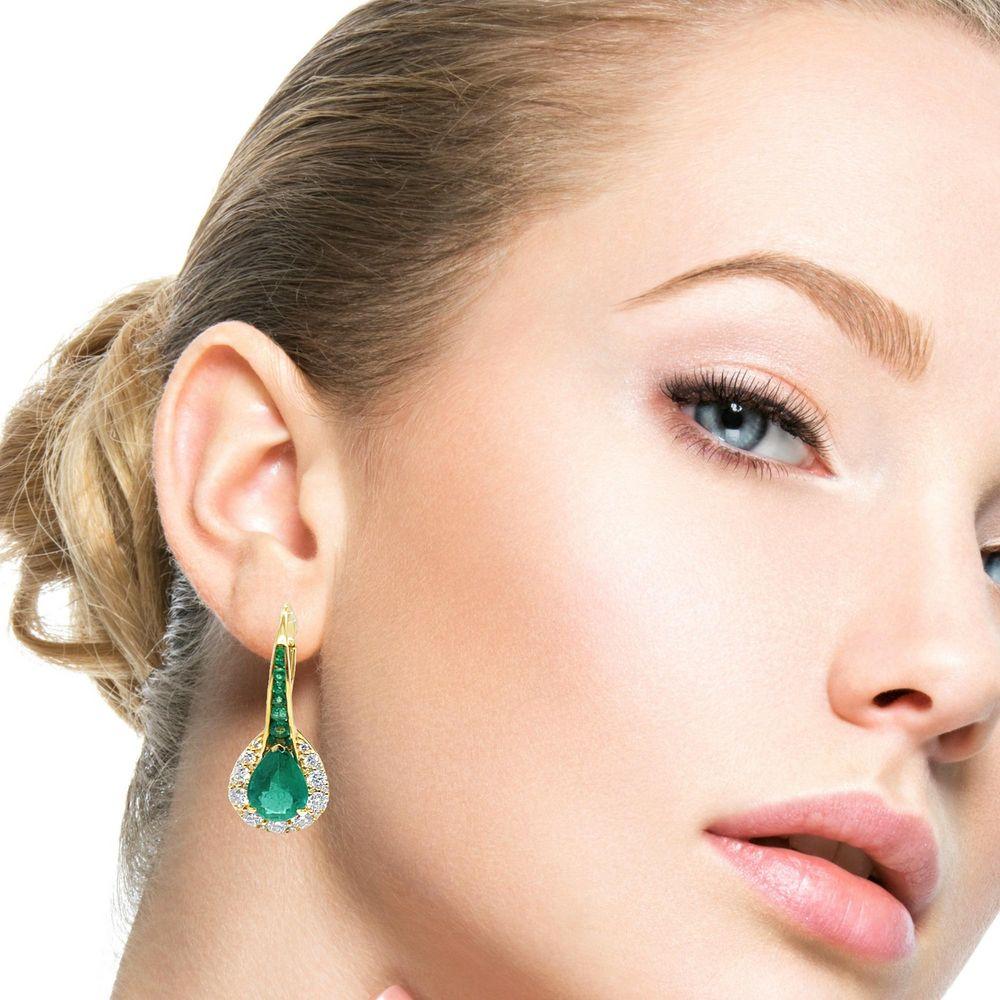 Pear Cut Zambian Emerald and Diamond Dangling Teardrop Hoop Earrings in 14KY Gold  For Sale